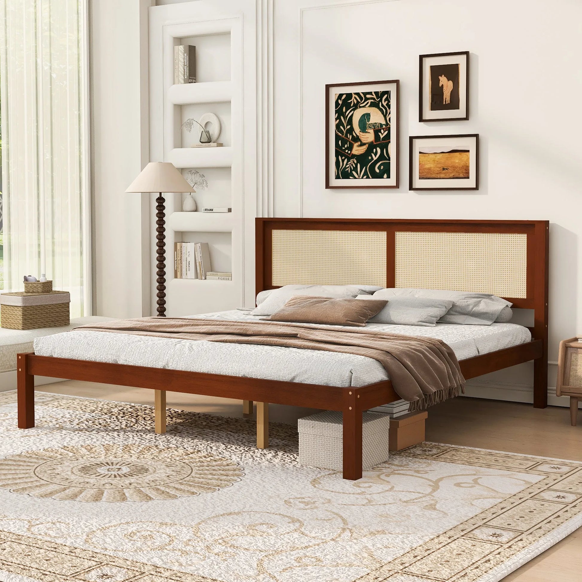 King Size Solid Wood Platform Bed Frame with Rattan Headboard, Farmhouse Cane Panel Bed, Under Bed Storage Clearance, No Box Spring Needed, Sturdy Support Legs, Walnut Finish detail view 3