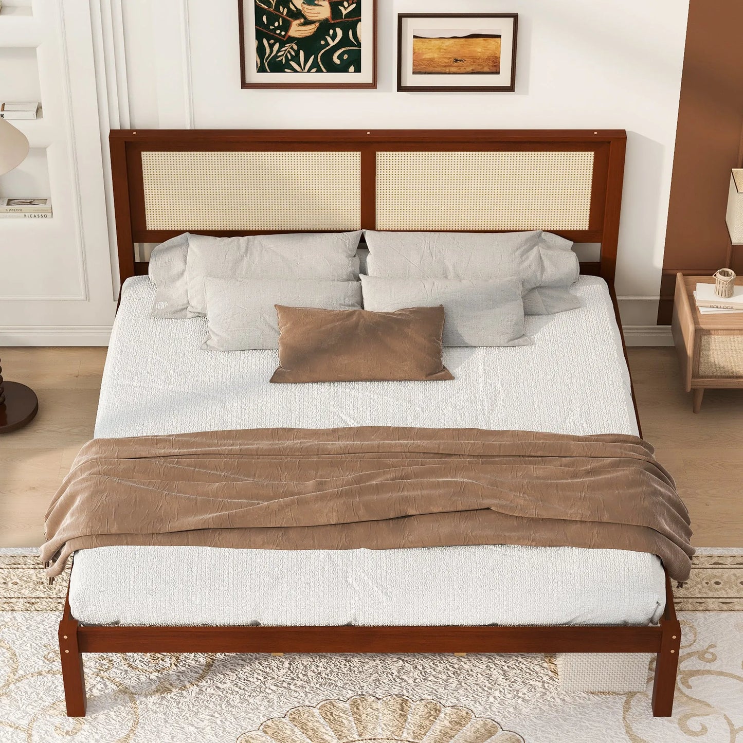 King Size Solid Wood Platform Bed Frame with Rattan Headboard, Farmhouse Cane Panel Bed, Under Bed Storage Clearance, No Box Spring Needed, Sturdy Support Legs, Walnut Finish detail view 4