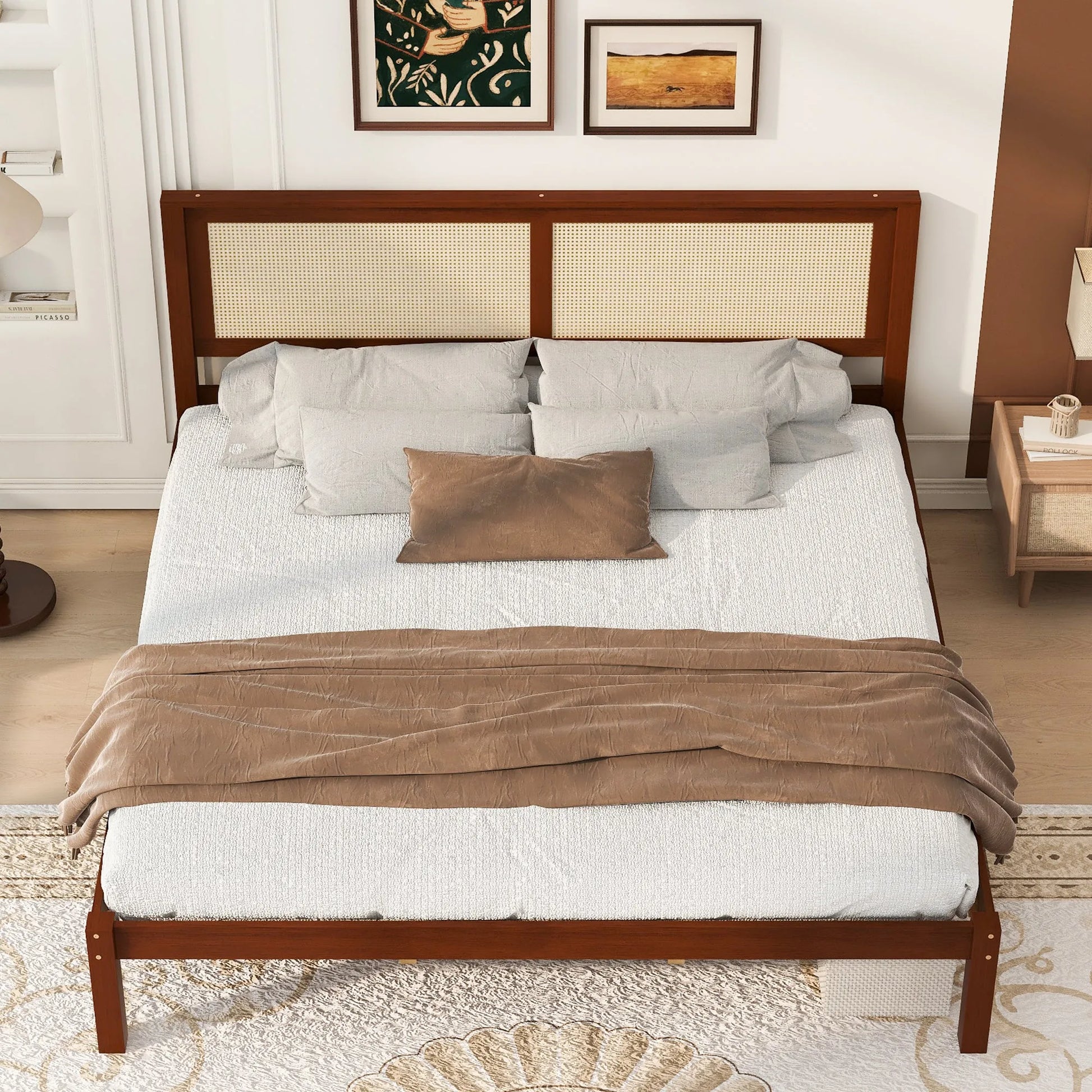 King Size Solid Wood Platform Bed Frame with Rattan Headboard, Farmhouse Cane Panel Bed, Under Bed Storage Clearance, No Box Spring Needed, Sturdy Support Legs, Walnut Finish detail view 4