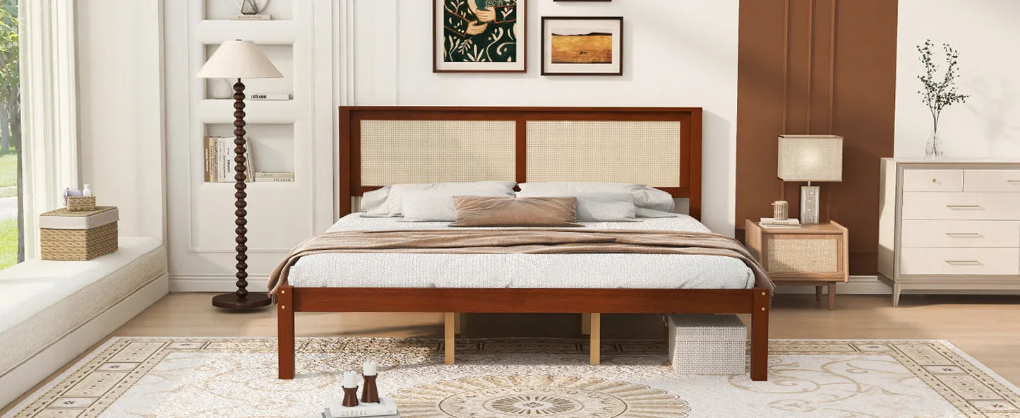 King Size Solid Wood Platform Bed Frame with Rattan Headboard, Farmhouse Cane Panel Bed, Under Bed Storage Clearance, No Box Spring Needed, Sturdy Support Legs, Walnut Finish detail view 5