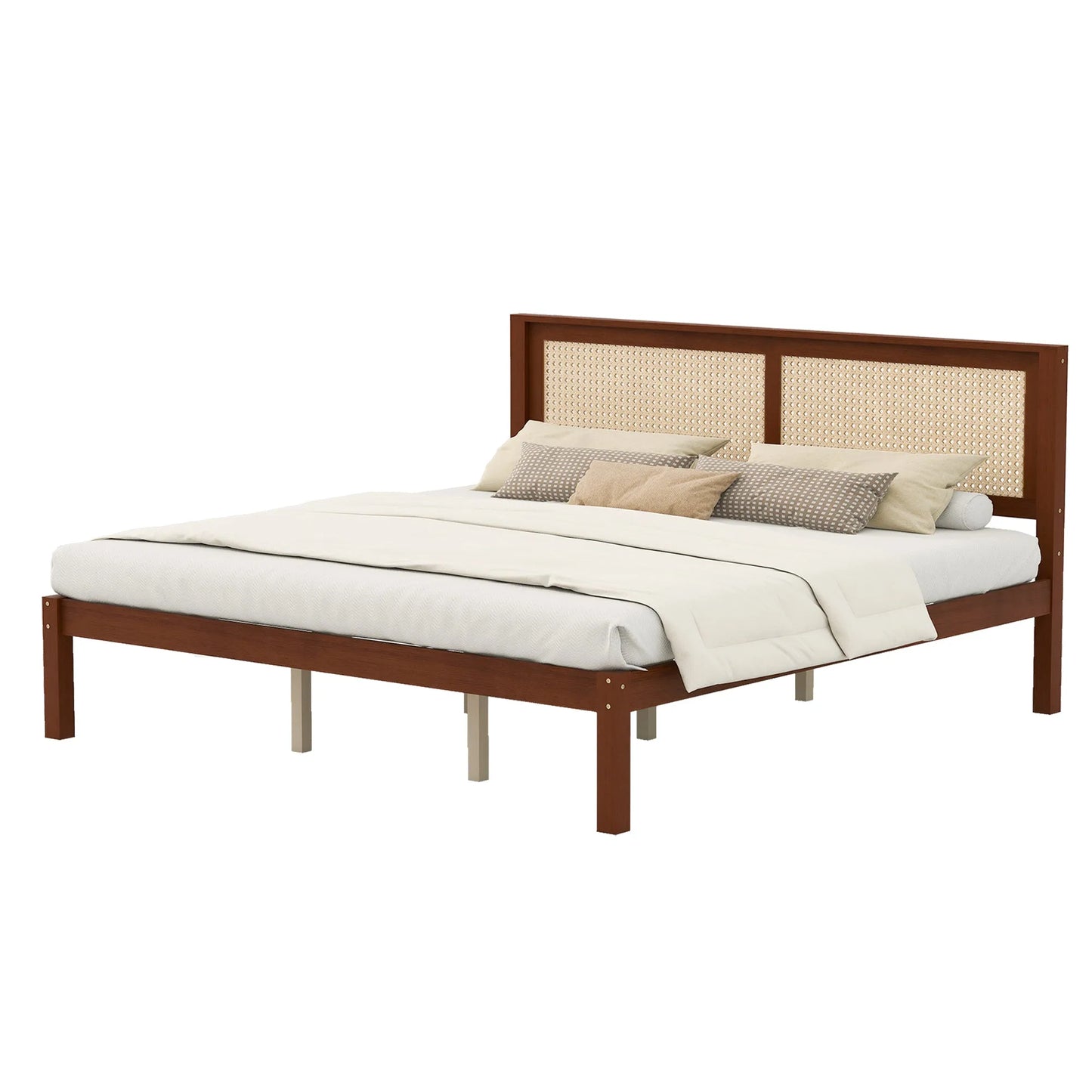King Size Solid Wood Platform Bed Frame with Rattan Headboard, Farmhouse Cane Panel Bed, Under Bed Storage Clearance, No Box Spring Needed, Sturdy Support Legs, Walnut Finish detail view 6