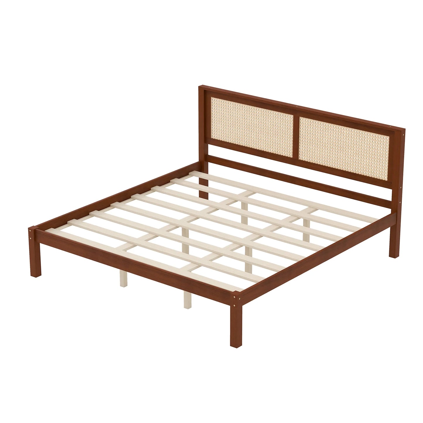 King Size Solid Wood Platform Bed Frame with Rattan Headboard, Farmhouse Cane Panel Bed, Under Bed Storage Clearance, No Box Spring Needed, Sturdy Support Legs, Walnut Finish detail view 7