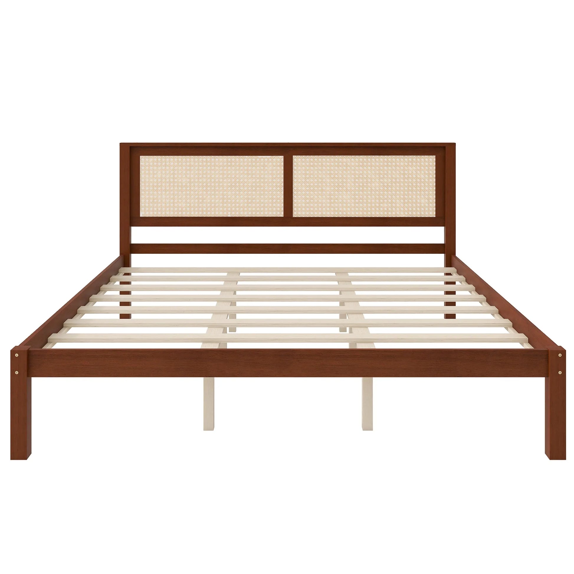 King Size Solid Wood Platform Bed Frame with Rattan Headboard, Farmhouse Cane Panel Bed, Under Bed Storage Clearance, No Box Spring Needed, Sturdy Support Legs, Walnut Finish detail view 8