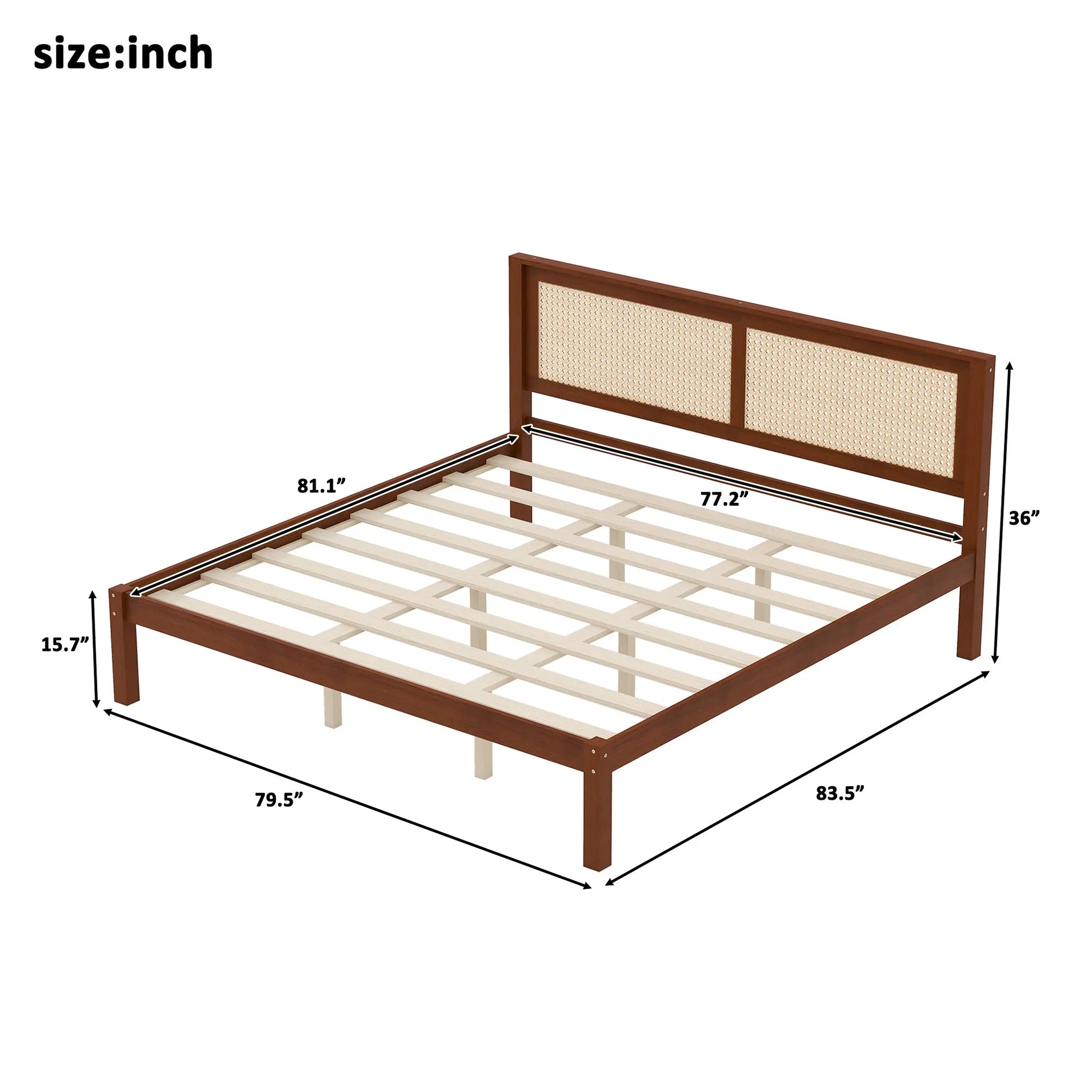 King Size Solid Wood Platform Bed Frame with Rattan Headboard, Farmhouse Cane Panel Bed, Under Bed Storage Clearance, No Box Spring Needed, Sturdy Support Legs, Walnut Finish detail view 9