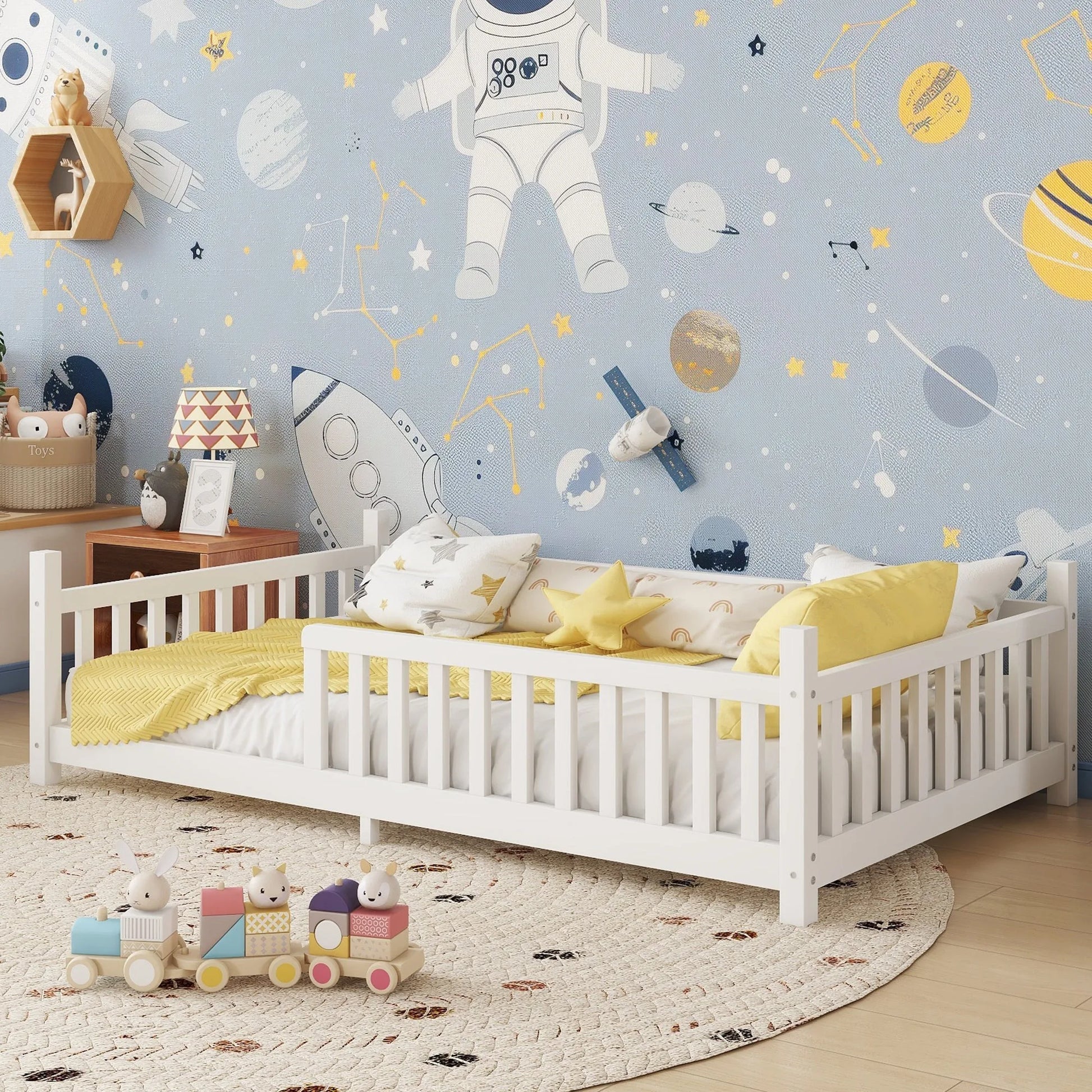 Twin House Bed with Light, Low Floor House Bed with Fence and Roof for Kids Boys Girls, White lifestyle view