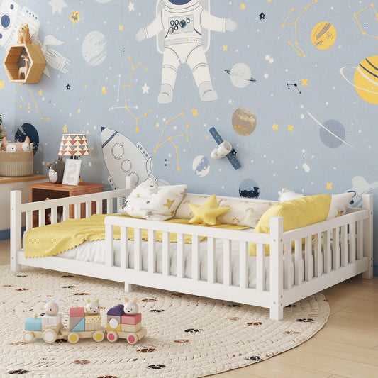 Twin House Bed with Light, Low Floor House Bed with Fence and Roof for Kids Boys Girls, White lifestyle view