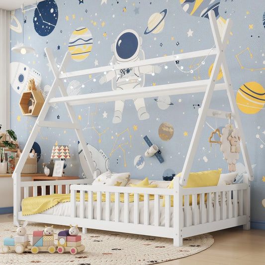 Twin House Bed with Light, Low Floor House Bed with Fence and Roof for Kids Boys Girls, White detail view 2