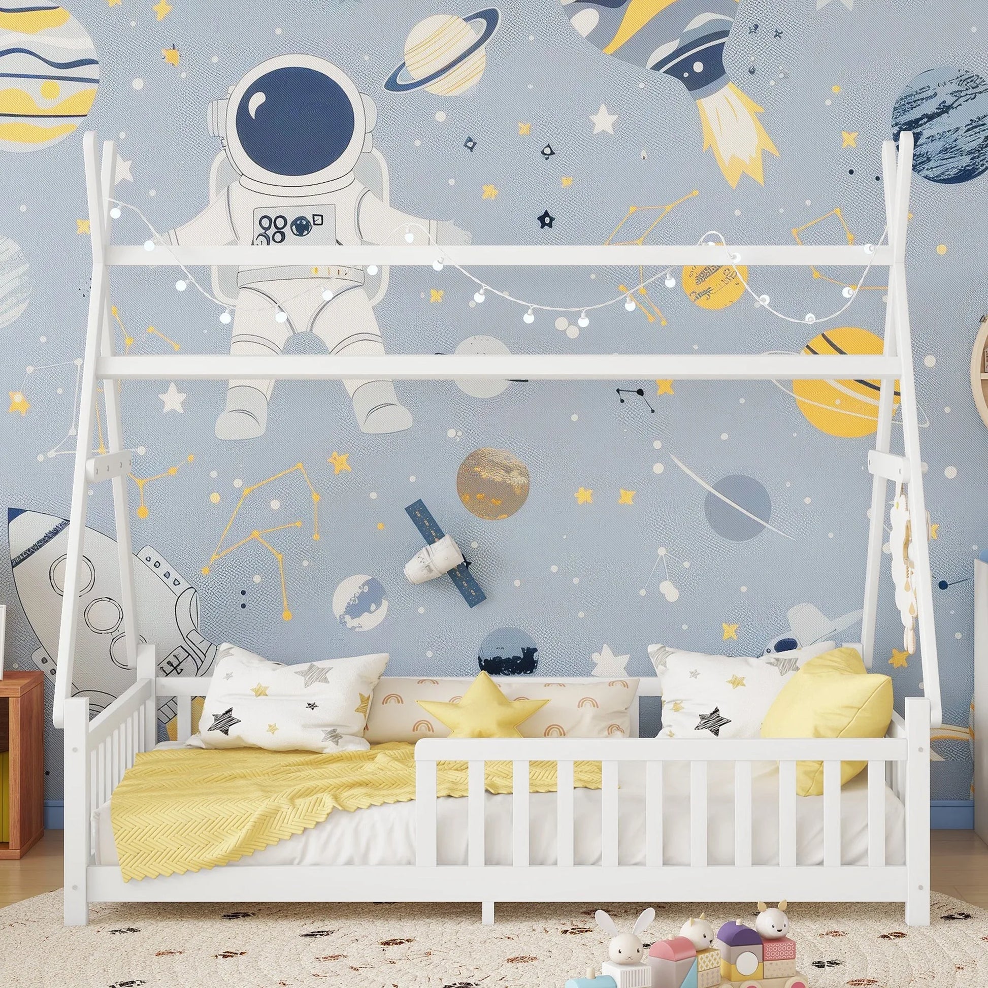 Twin House Bed with Light, Low Floor House Bed with Fence and Roof for Kids Boys Girls, White detail view 3