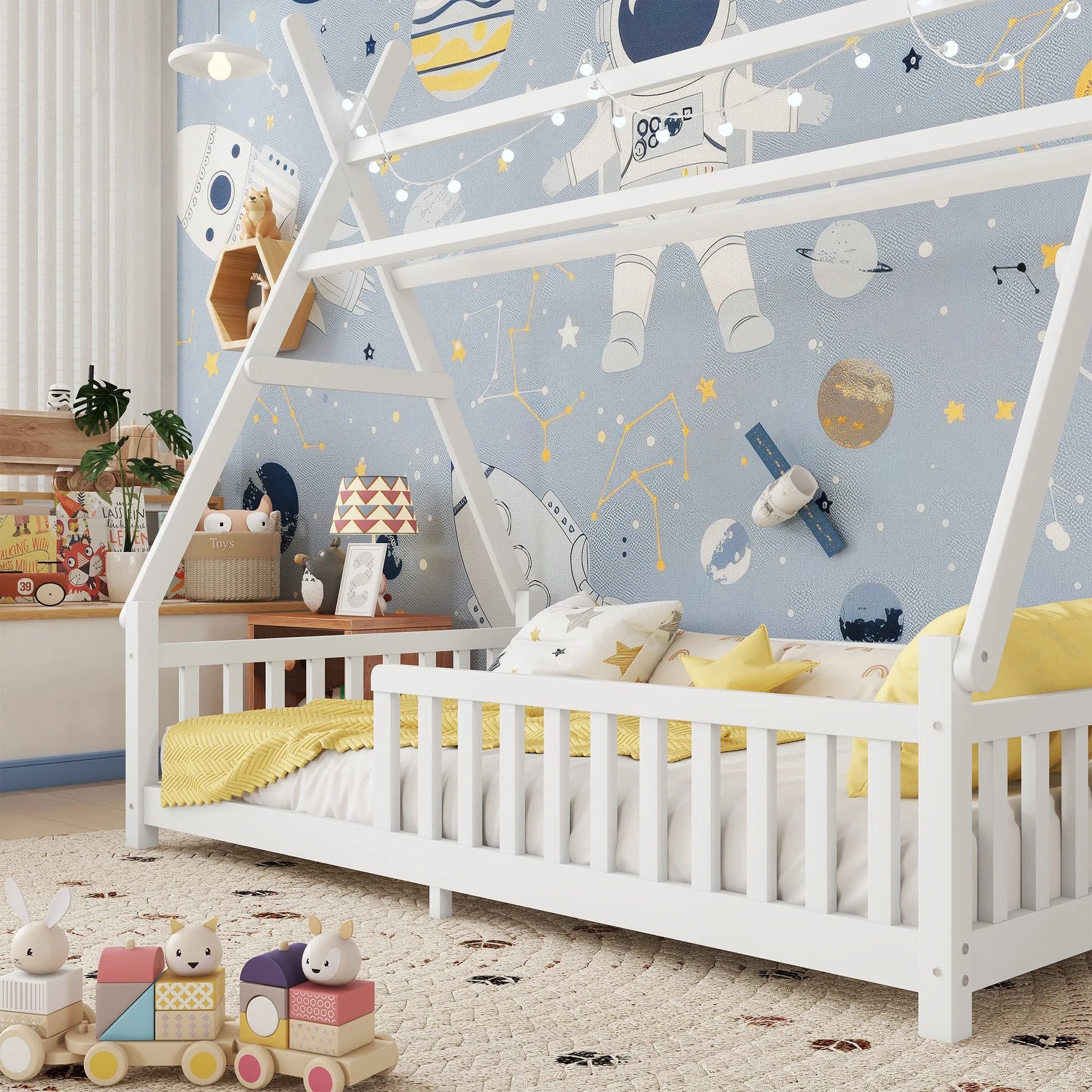 Twin House Bed with Light, Low Floor House Bed with Fence and Roof for Kids Boys Girls, White detail view 4