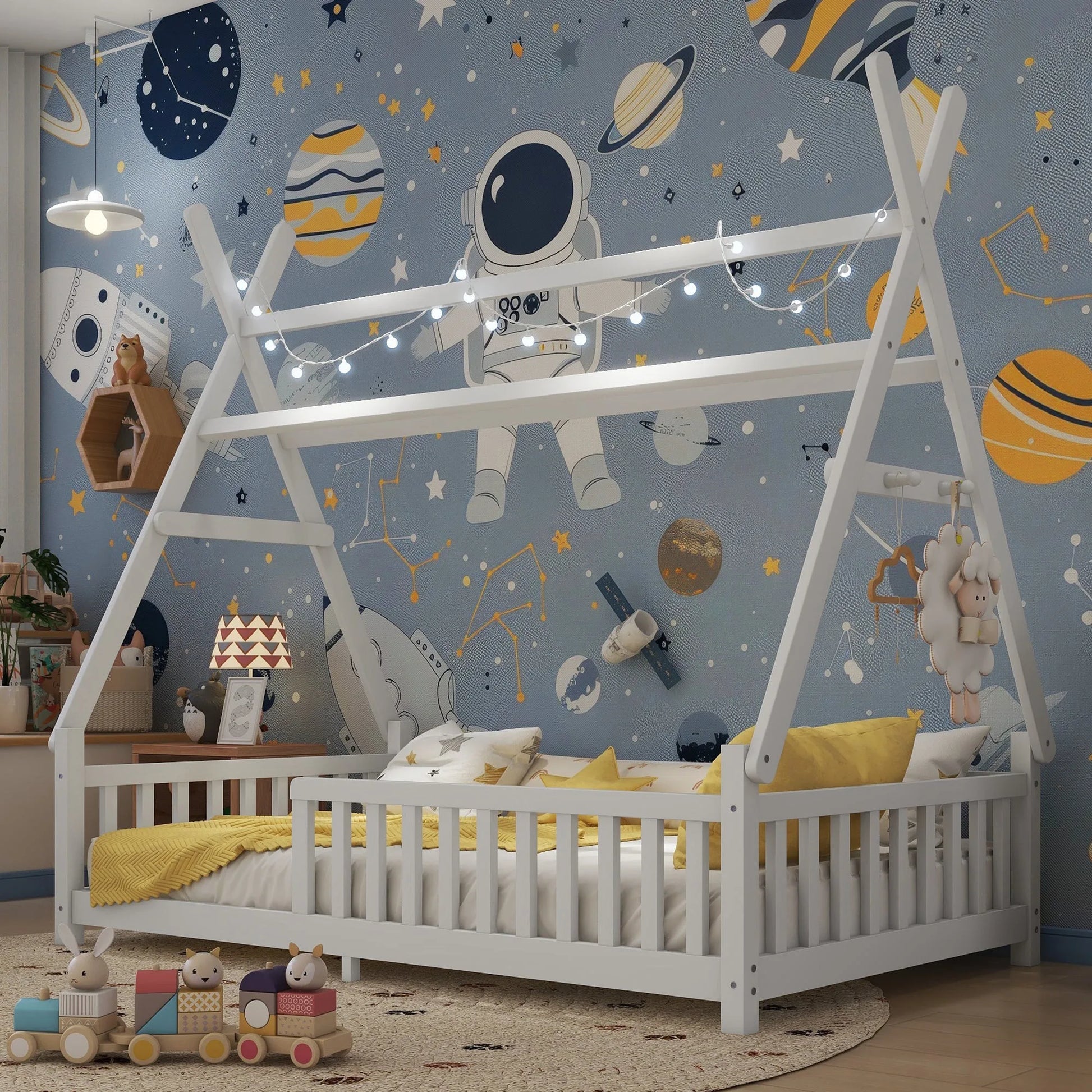 Twin House Bed with Light, Low Floor House Bed with Fence and Roof for Kids Boys Girls, White detail view 5