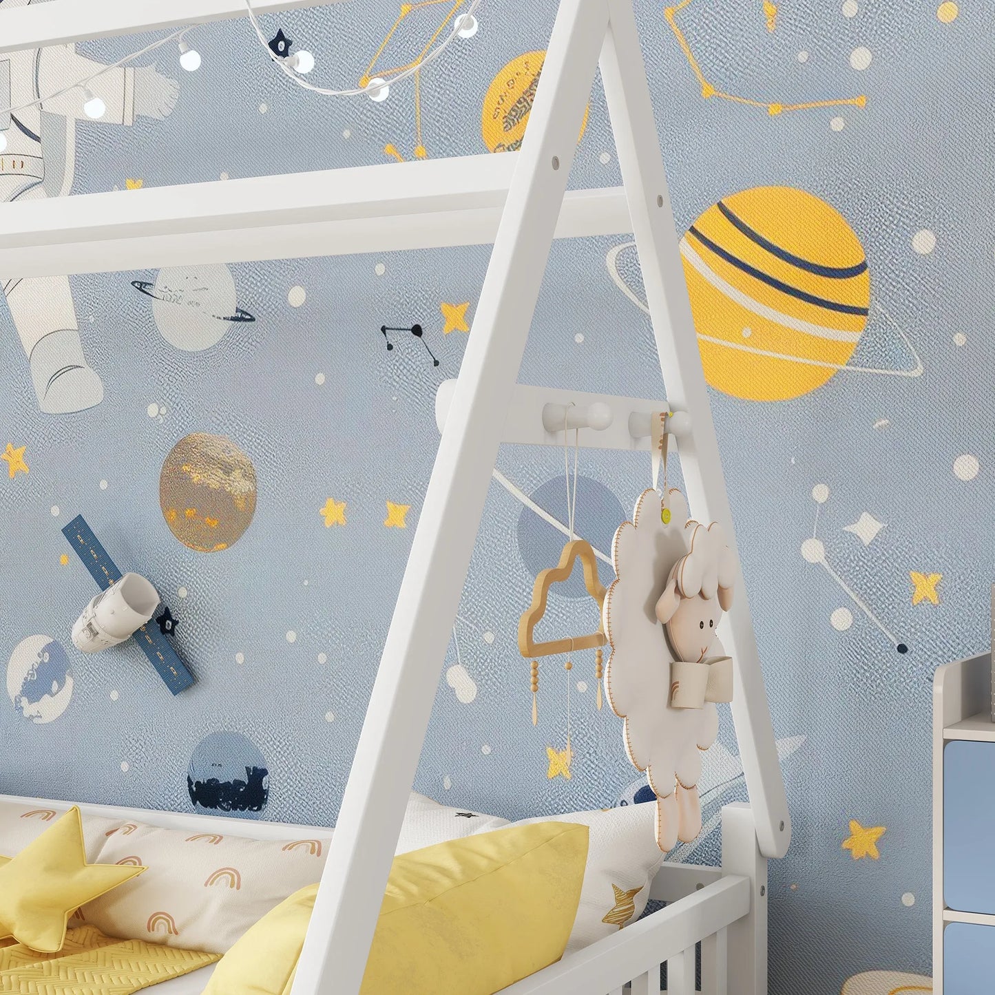 Twin House Bed with Light, Low Floor House Bed with Fence and Roof for Kids Boys Girls, White detail view 6