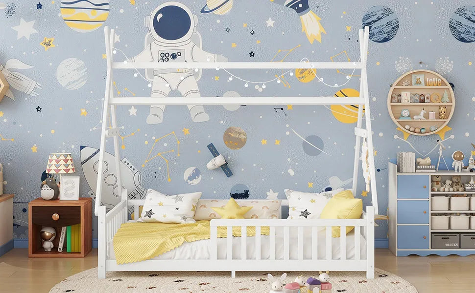 Twin House Bed with Light, Low Floor House Bed with Fence and Roof for Kids Boys Girls, White detail view 7