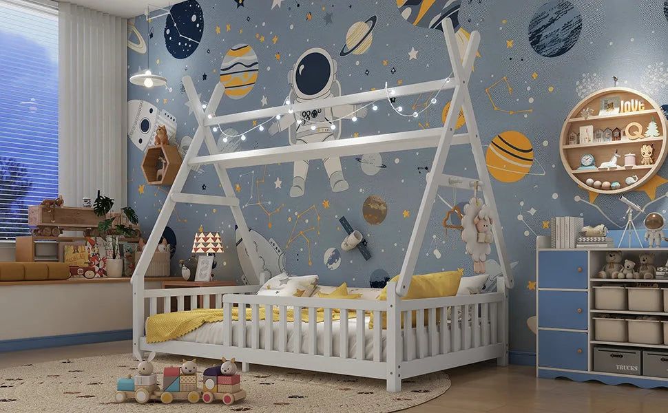 Twin House Bed with Light, Low Floor House Bed with Fence and Roof for Kids Boys Girls, White detail view 8