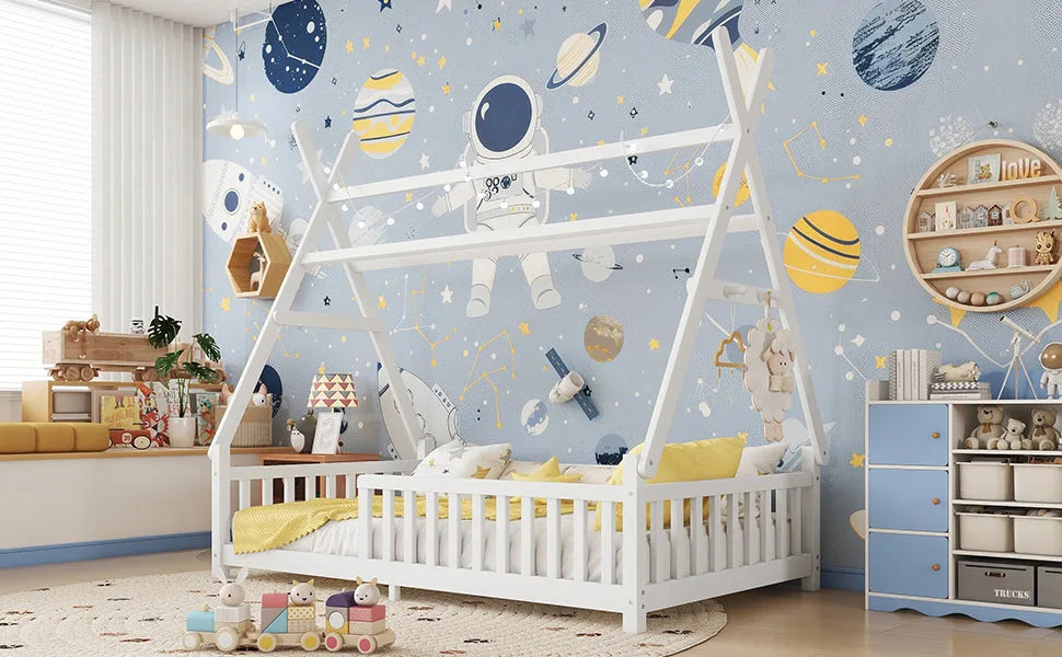 Twin House Bed with Light, Low Floor House Bed with Fence and Roof for Kids Boys Girls, White detail view 9