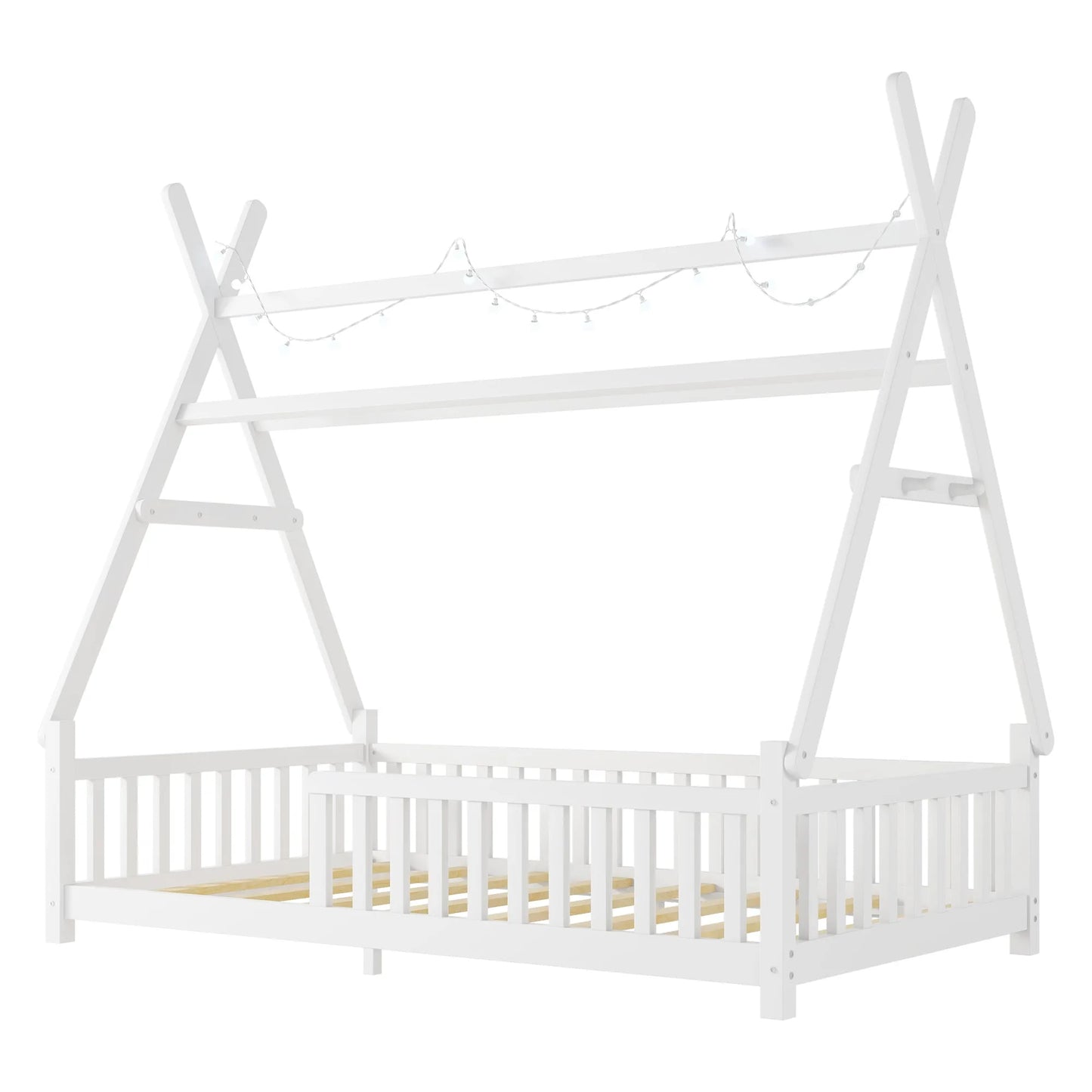 Twin House Bed with Light, Low Floor House Bed with Fence and Roof for Kids Boys Girls, White detail view 11