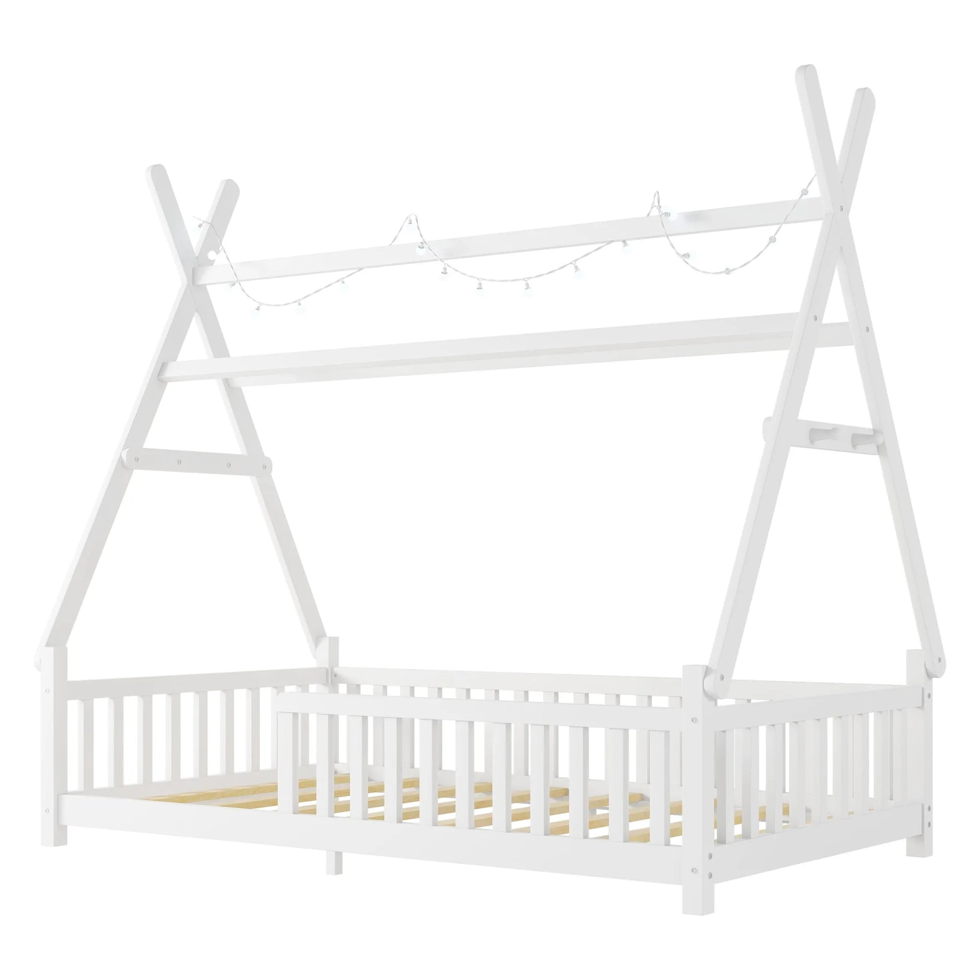 Twin House Bed with Light, Low Floor House Bed with Fence and Roof for Kids Boys Girls, White detail view 11