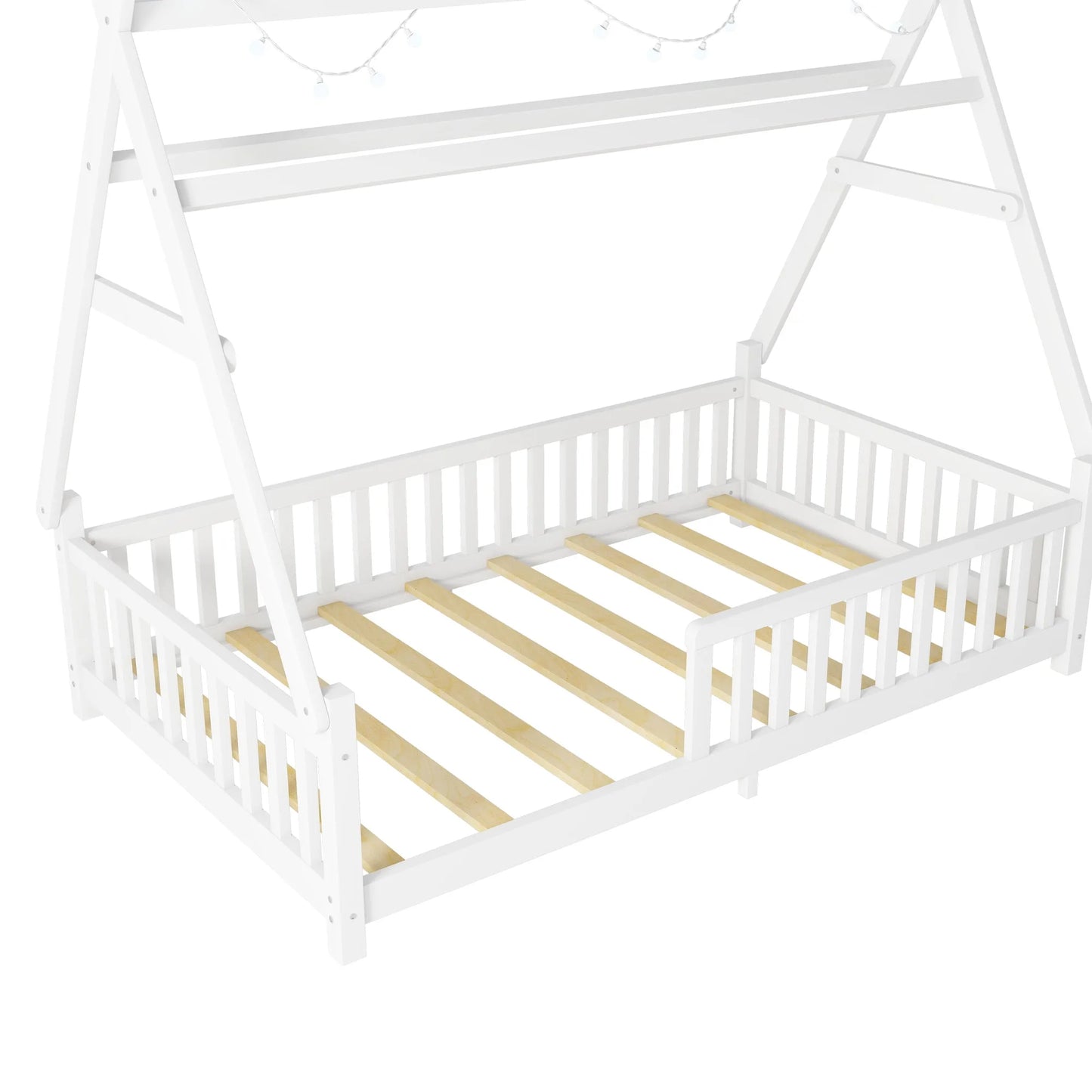 Twin House Bed with Light, Low Floor House Bed with Fence and Roof for Kids Boys Girls, White detail view 12