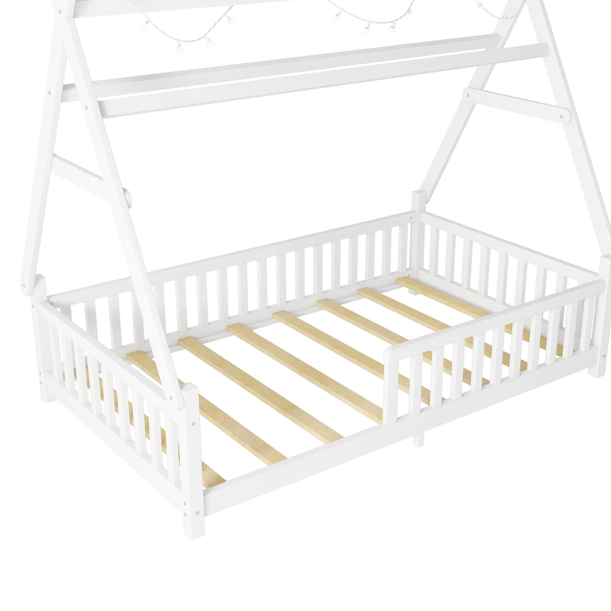 Twin House Bed with Light, Low Floor House Bed with Fence and Roof for Kids Boys Girls, White detail view 12