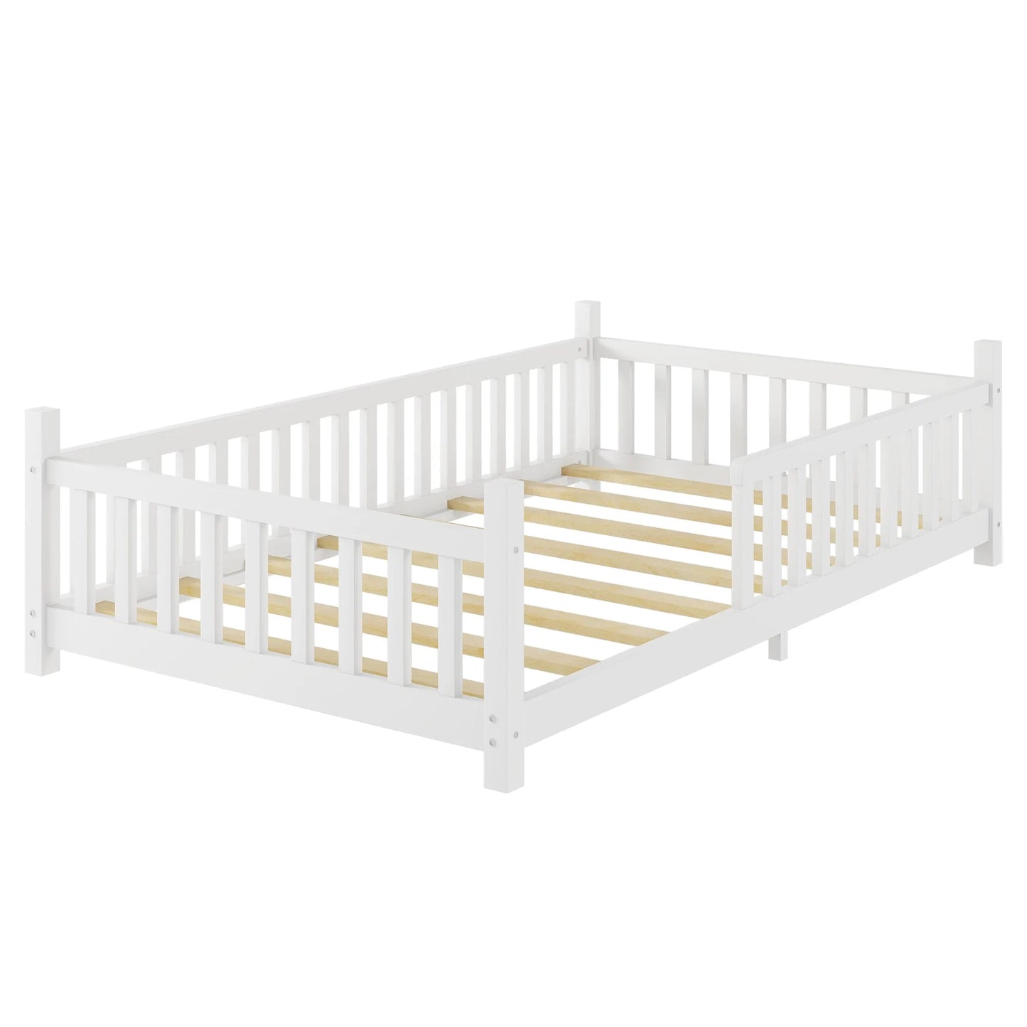Twin House Bed with Light, Low Floor House Bed with Fence and Roof for Kids Boys Girls, White detail view 13