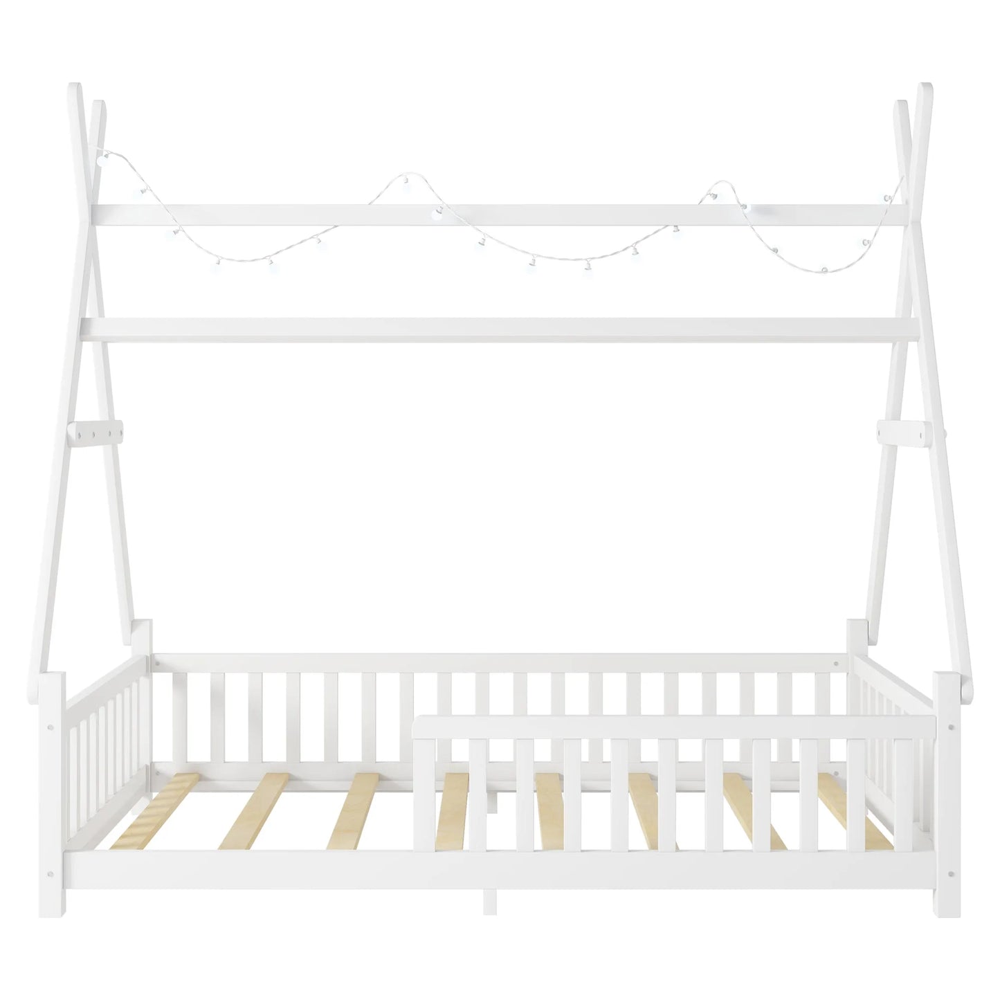 Twin House Bed with Light, Low Floor House Bed with Fence and Roof for Kids Boys Girls, White detail view 15