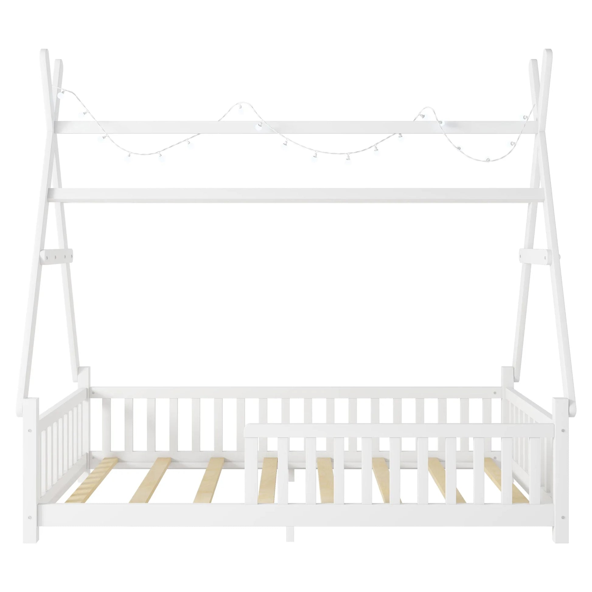 Twin House Bed with Light, Low Floor House Bed with Fence and Roof for Kids Boys Girls, White detail view 15