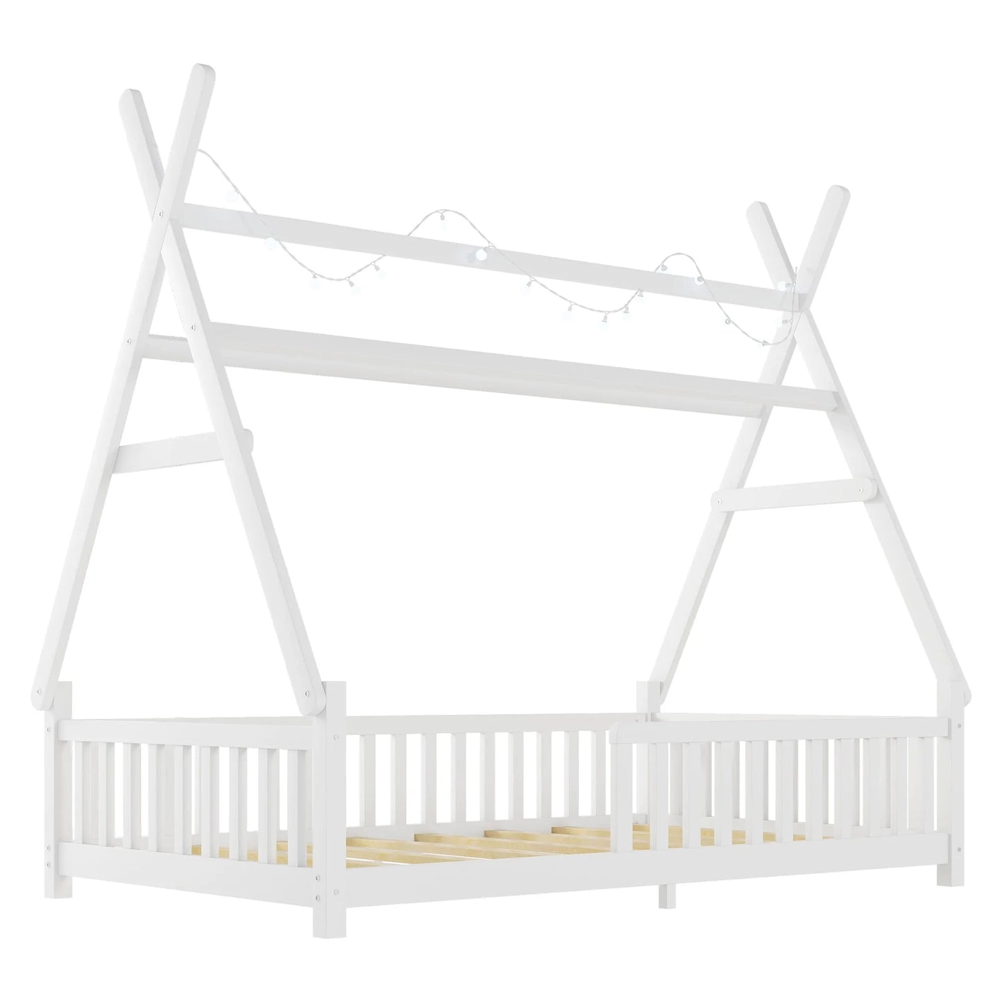 Twin House Bed with Light, Low Floor House Bed with Fence and Roof for Kids Boys Girls, White detail view 16