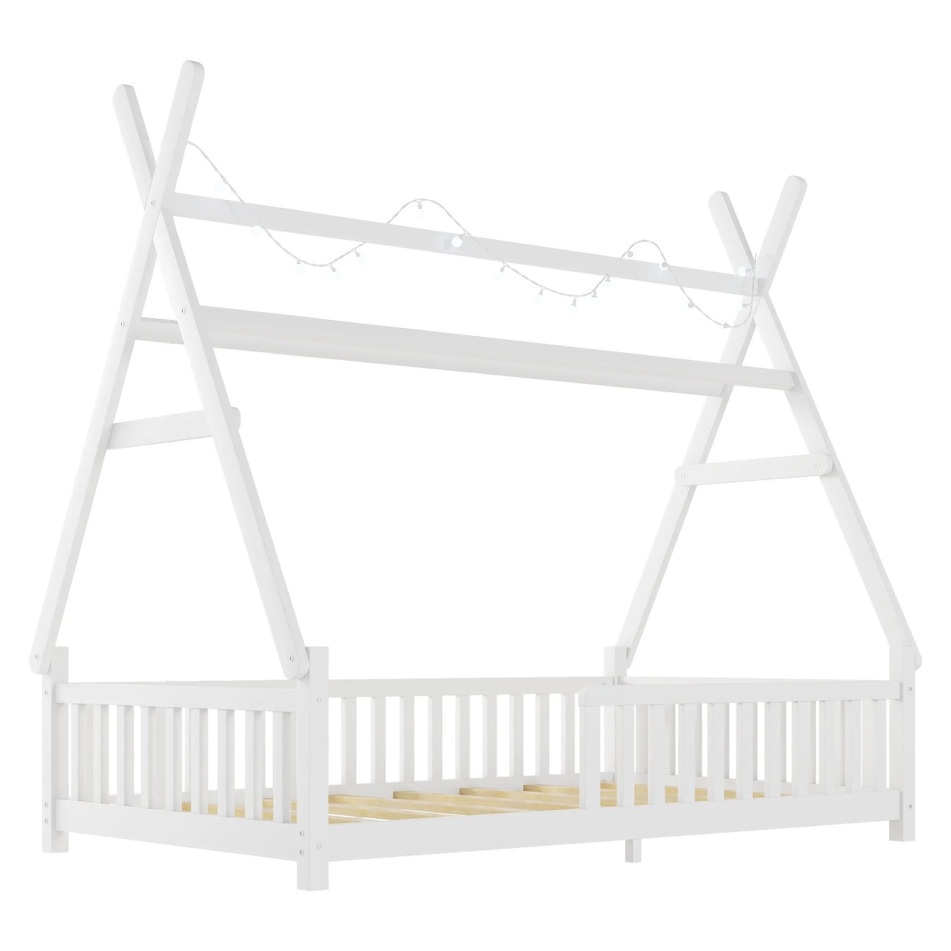 Twin House Bed with Light, Low Floor House Bed with Fence and Roof for Kids Boys Girls, White detail view 16