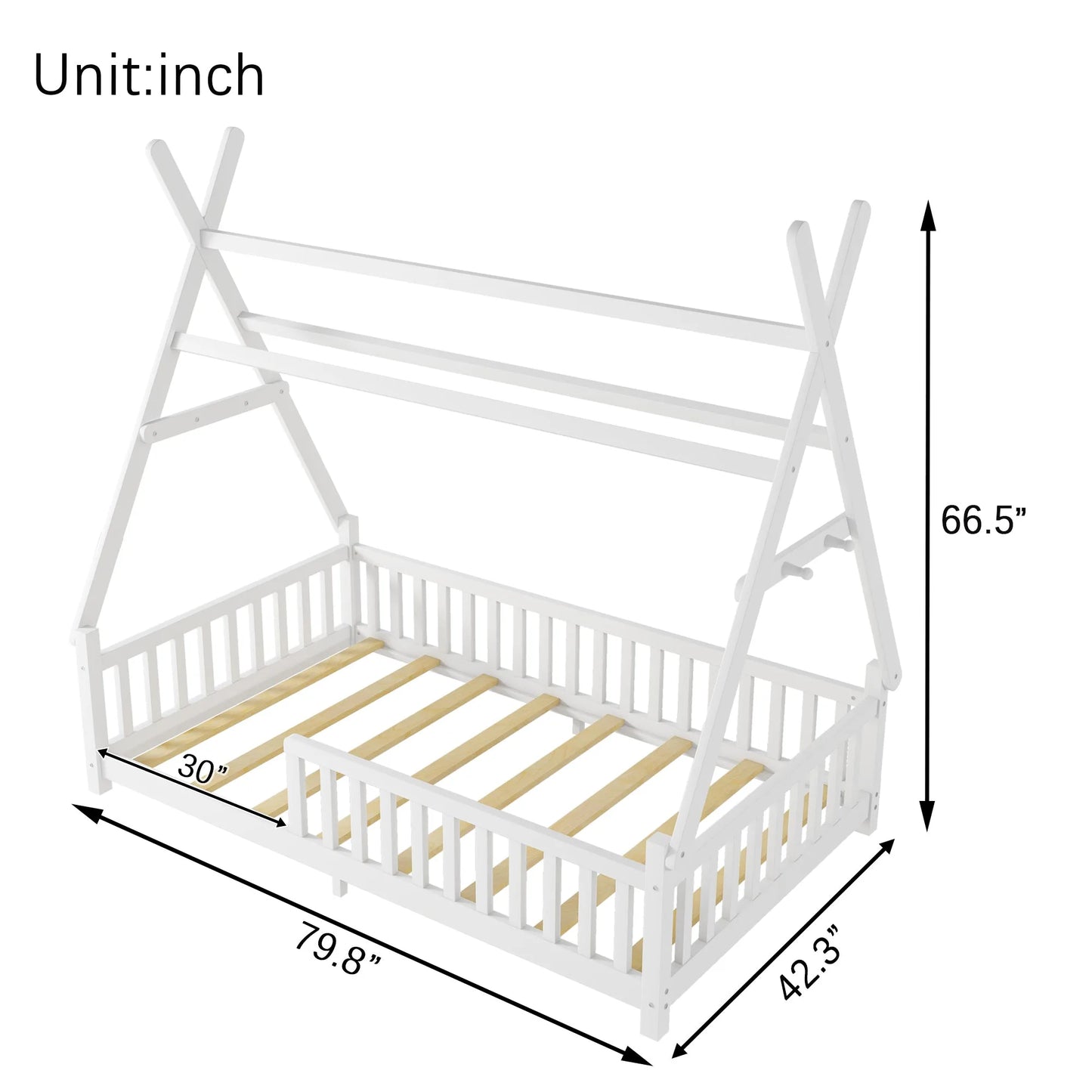 Twin House Bed with Light, Low Floor House Bed with Fence and Roof for Kids Boys Girls, White detail view 17