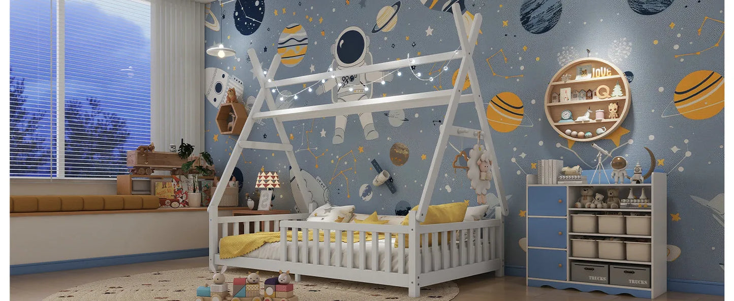 Twin House Bed with Light, Low Floor House Bed with Fence and Roof for Kids Boys Girls, White detail view 18