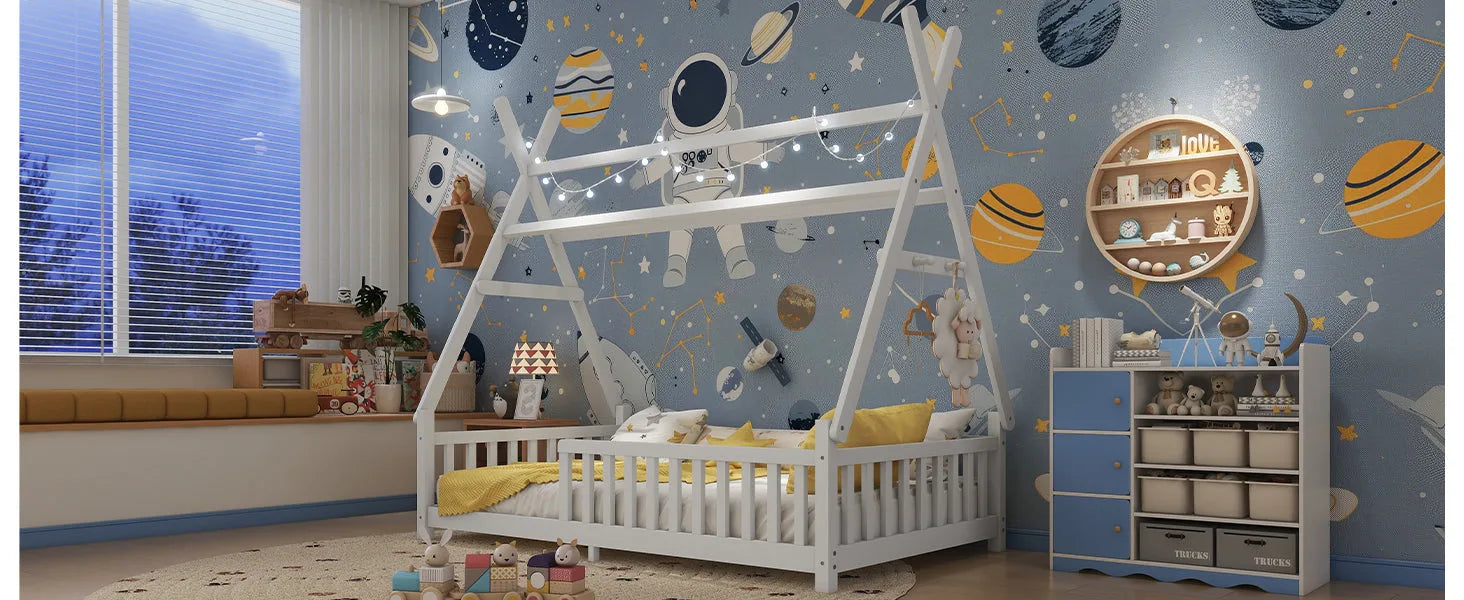 Twin House Bed with Light, Low Floor House Bed with Fence and Roof for Kids Boys Girls, White detail view 18