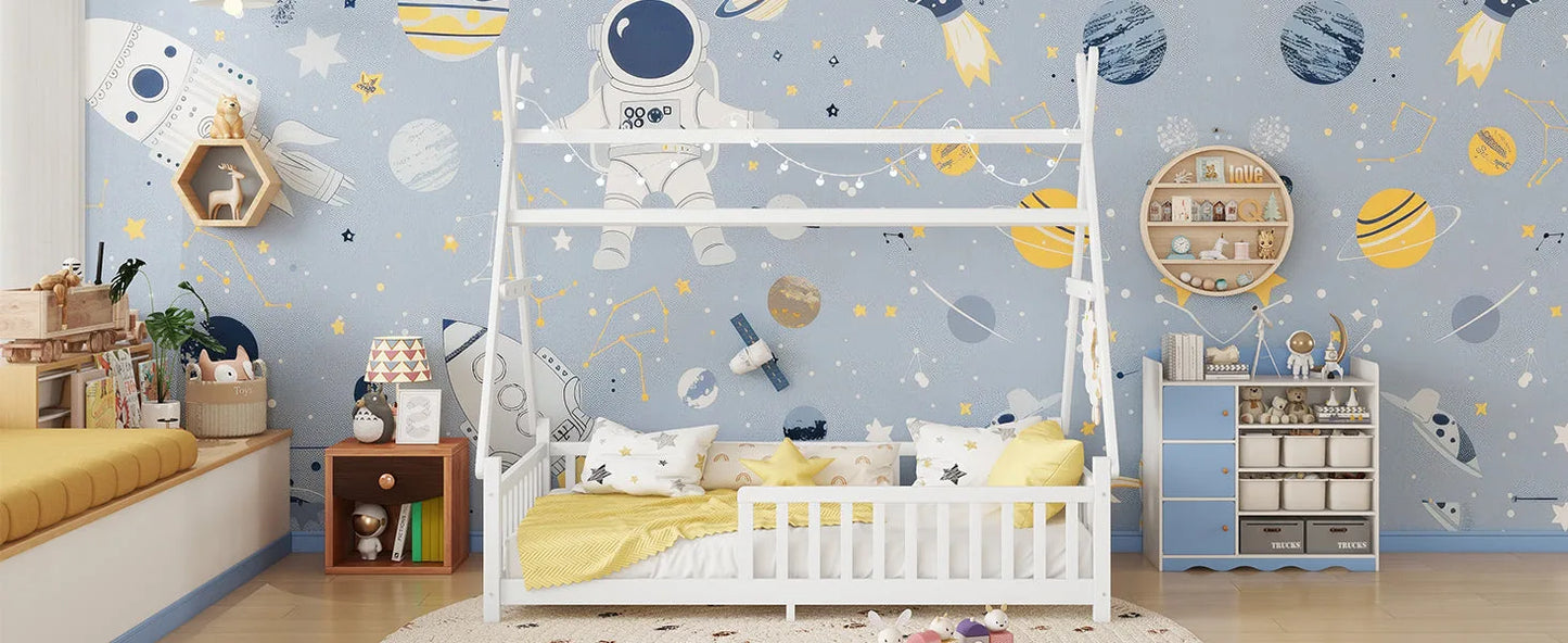 Twin House Bed with Light, Low Floor House Bed with Fence and Roof for Kids Boys Girls, White detail view 19