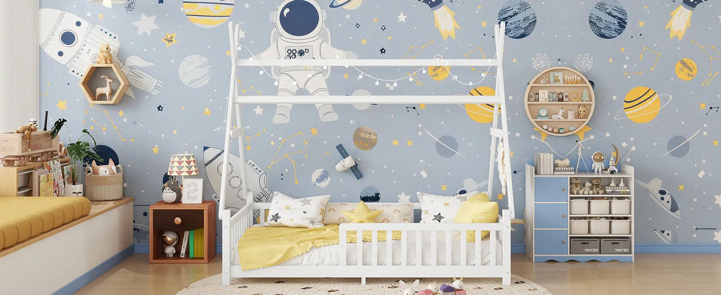 Twin House Bed with Light, Low Floor House Bed with Fence and Roof for Kids Boys Girls, White detail view 19