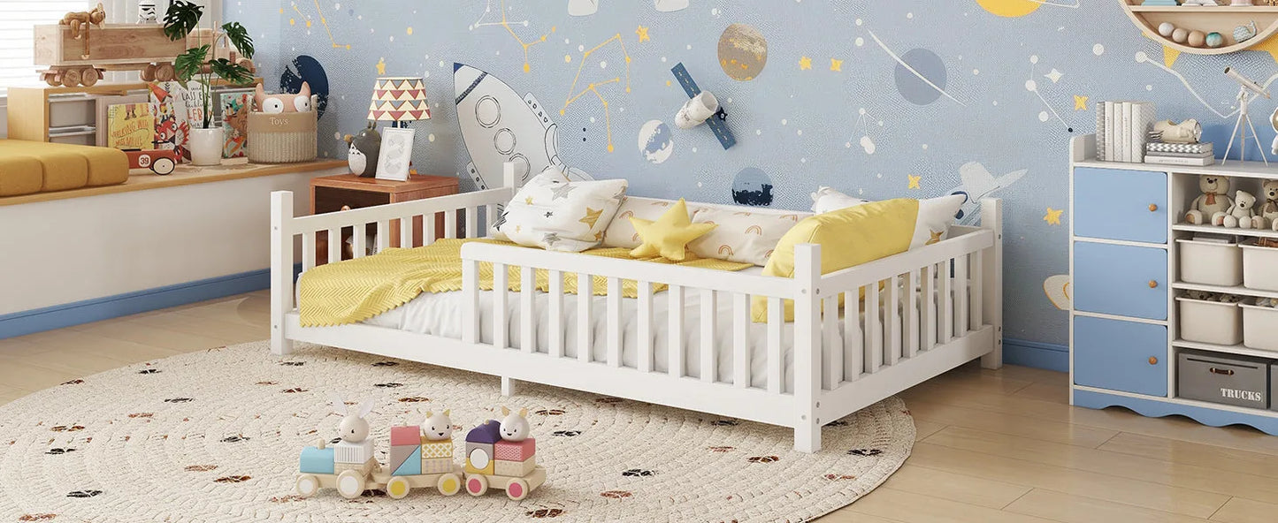 Twin House Bed with Light, Low Floor House Bed with Fence and Roof for Kids Boys Girls, White detail view 20