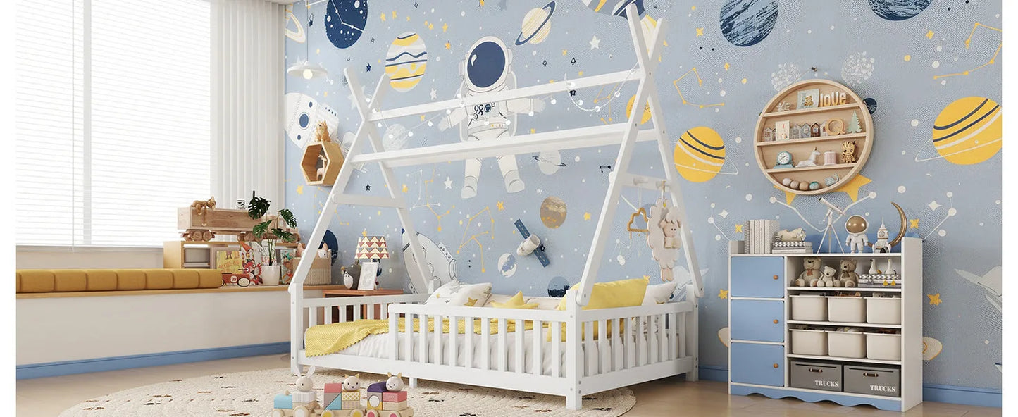 Twin House Bed with Light, Low Floor House Bed with Fence and Roof for Kids Boys Girls, White detail view 21