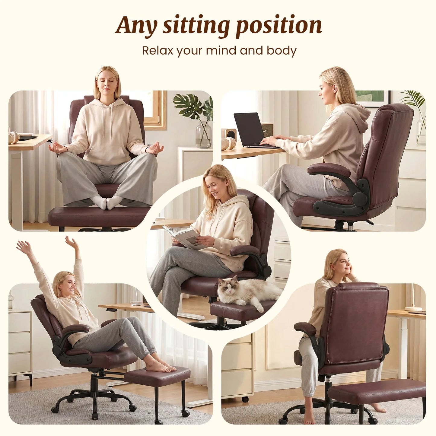 Cross Legged Office Chair with Arms, Wide Criss Cross Chair with Wheels, 360° Rotating Footrest, Height Adjustable Swivel Chair for ADHD, Ergonomic Office Chair for Home Office Relaxing detail view 4