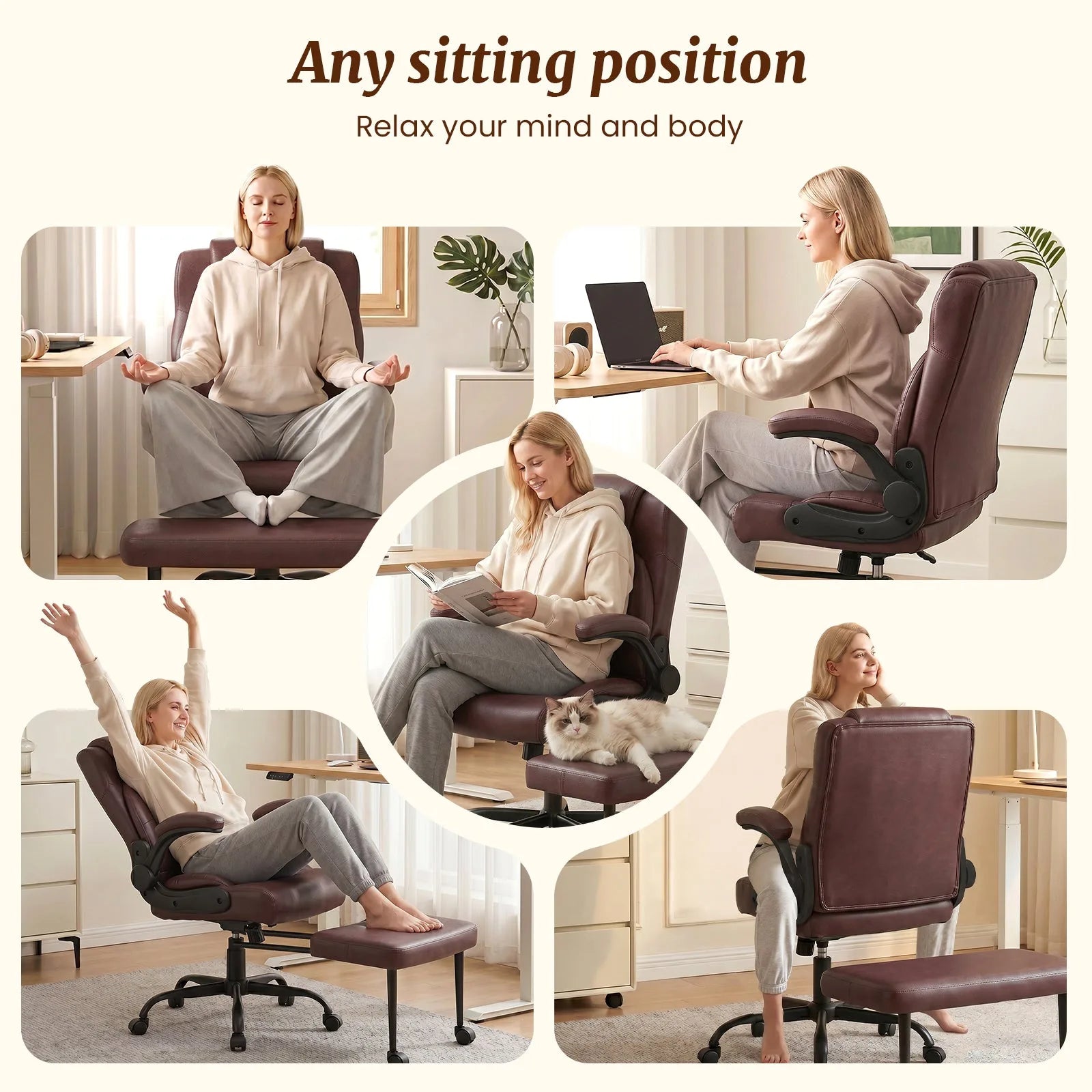 Cross Legged Office Chair with Arms, Wide Criss Cross Chair with Wheels, 360° Rotating Footrest, Height Adjustable Swivel Chair for ADHD, Ergonomic Office Chair for Home Office Relaxing detail view 4