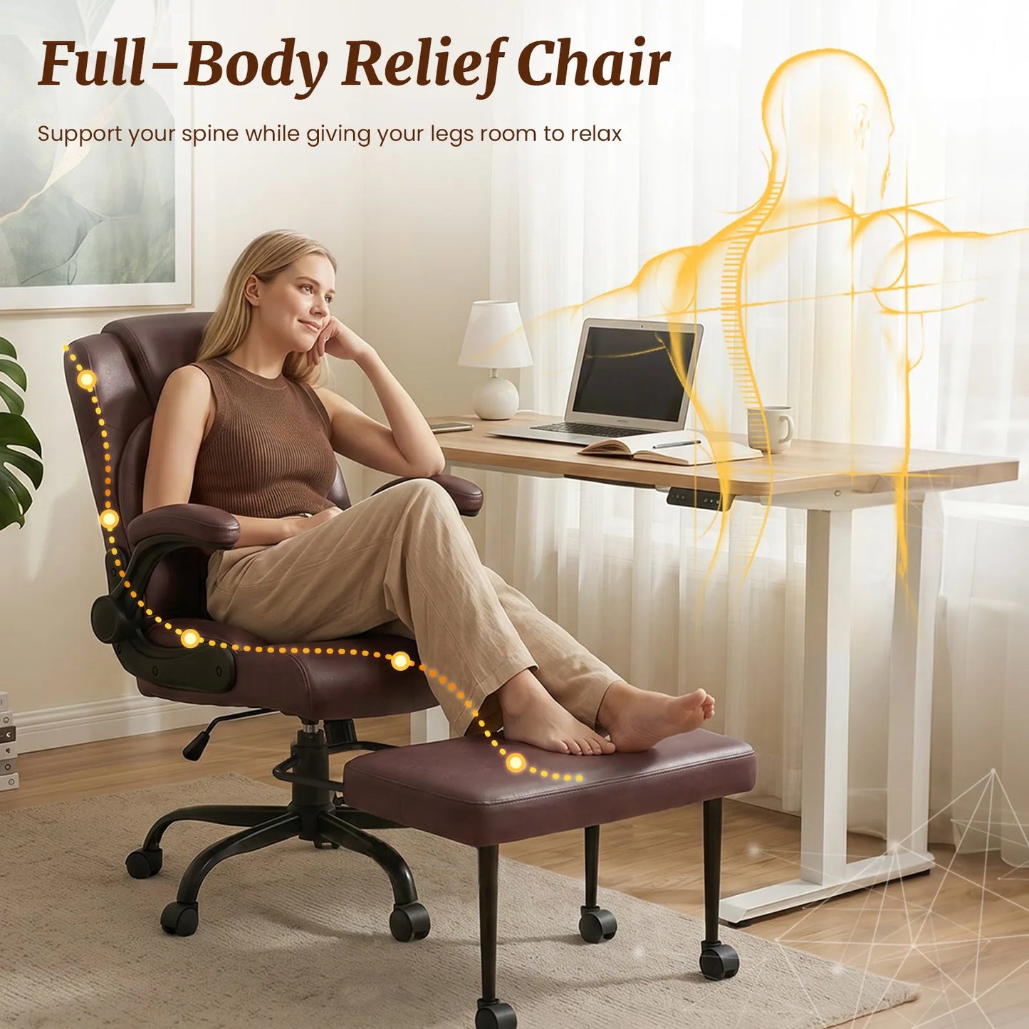 Cross Legged Office Chair with Arms, Wide Criss Cross Chair with Wheels, 360° Rotating Footrest, Height Adjustable Swivel Chair for ADHD, Ergonomic Office Chair for Home Office Relaxing detail view 7