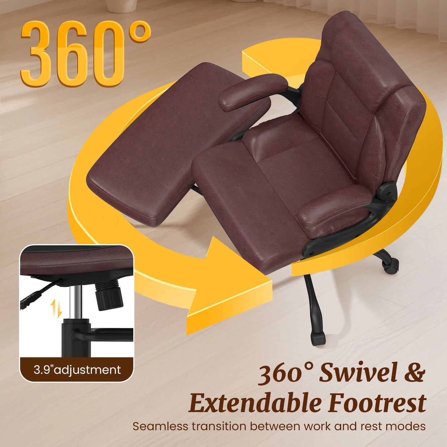 Cross Legged Office Chair with Arms, Wide Criss Cross Chair with Wheels, 360° Rotating Footrest, Height Adjustable Swivel Chair for ADHD, Ergonomic Office Chair for Home Office Relaxing detail view 8
