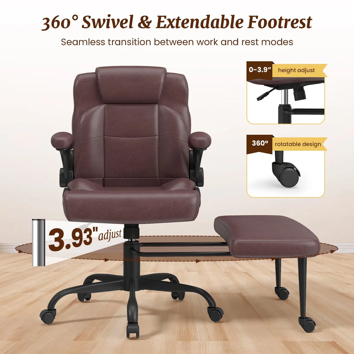 Cross Legged Office Chair with Arms, Wide Criss Cross Chair with Wheels, 360° Rotating Footrest, Height Adjustable Swivel Chair for ADHD, Ergonomic Office Chair for Home Office Relaxing detail view 9