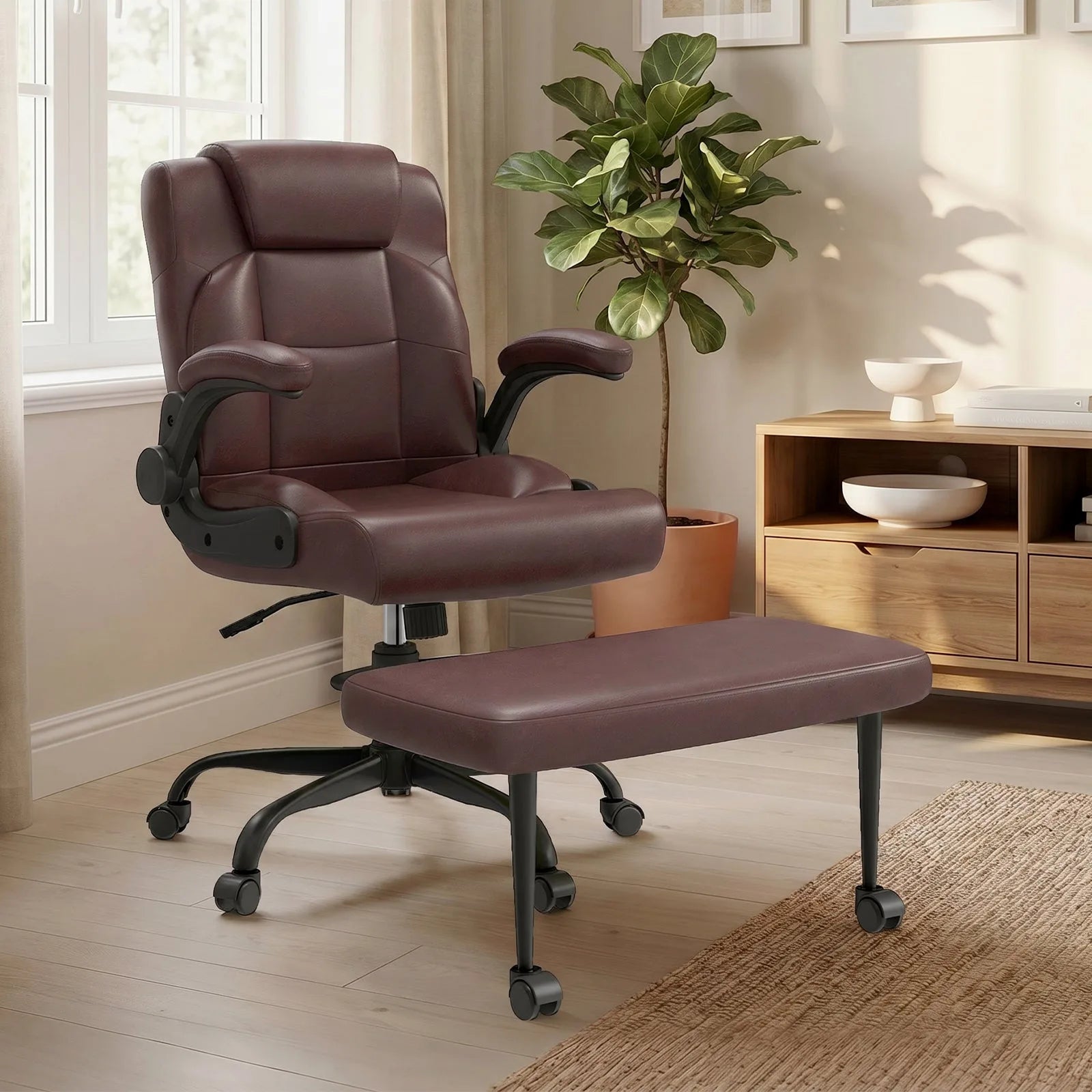 Cross Legged Office Chair with Arms, Wide Criss Cross Chair with Wheels, 360° Rotating Footrest, Height Adjustable Swivel Chair for ADHD, Ergonomic Office Chair for Home Office Relaxing detail view 11