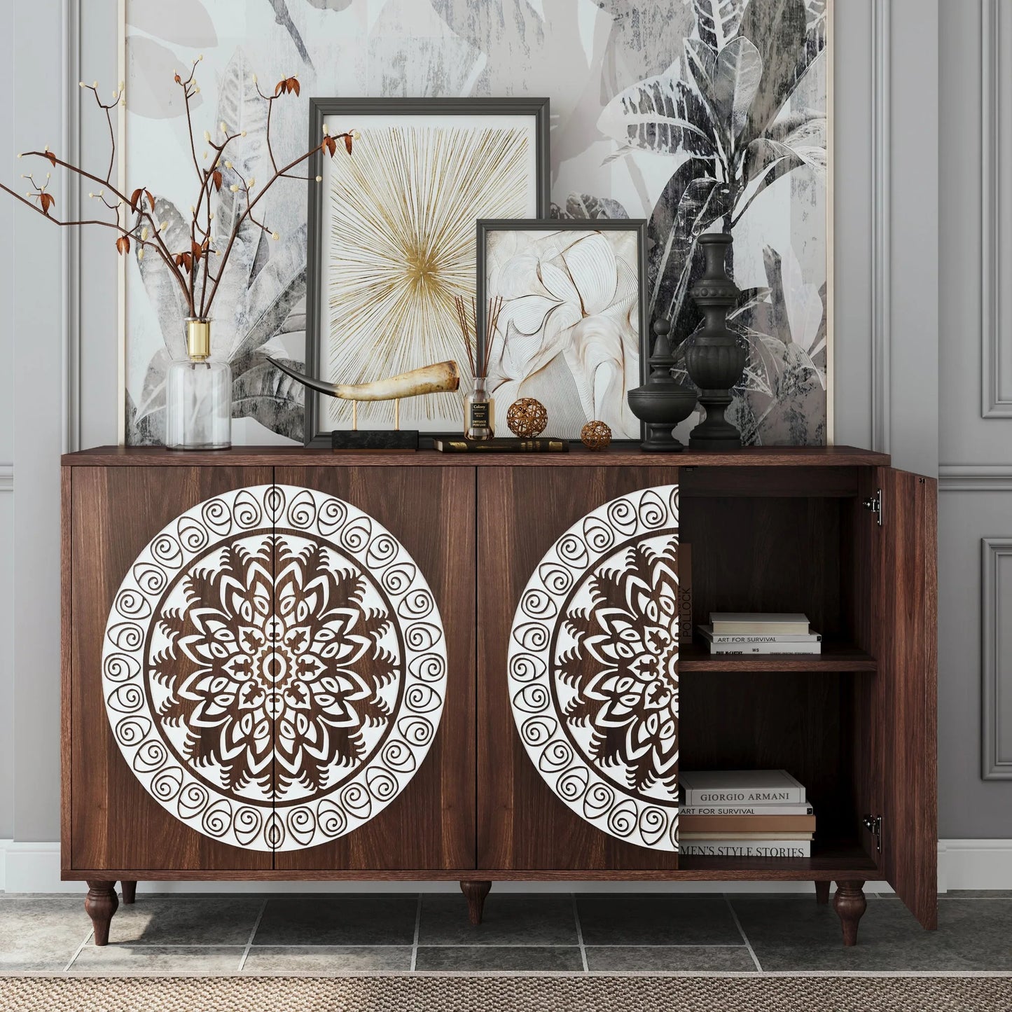 60' Vintage Mandala Carved Walnut Grain Sideboard, 4 Door Boho Buffet Cabinet, Mid-Century Elevated Legs Storage Credenza for Entryway, Dining Room, Living Room lifestyle view