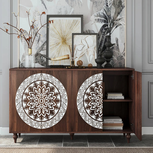 60' Vintage Mandala Carved Walnut Grain Sideboard, 4 Door Boho Buffet Cabinet, Mid-Century Elevated Legs Storage Credenza for Entryway, Dining Room, Living Room lifestyle view