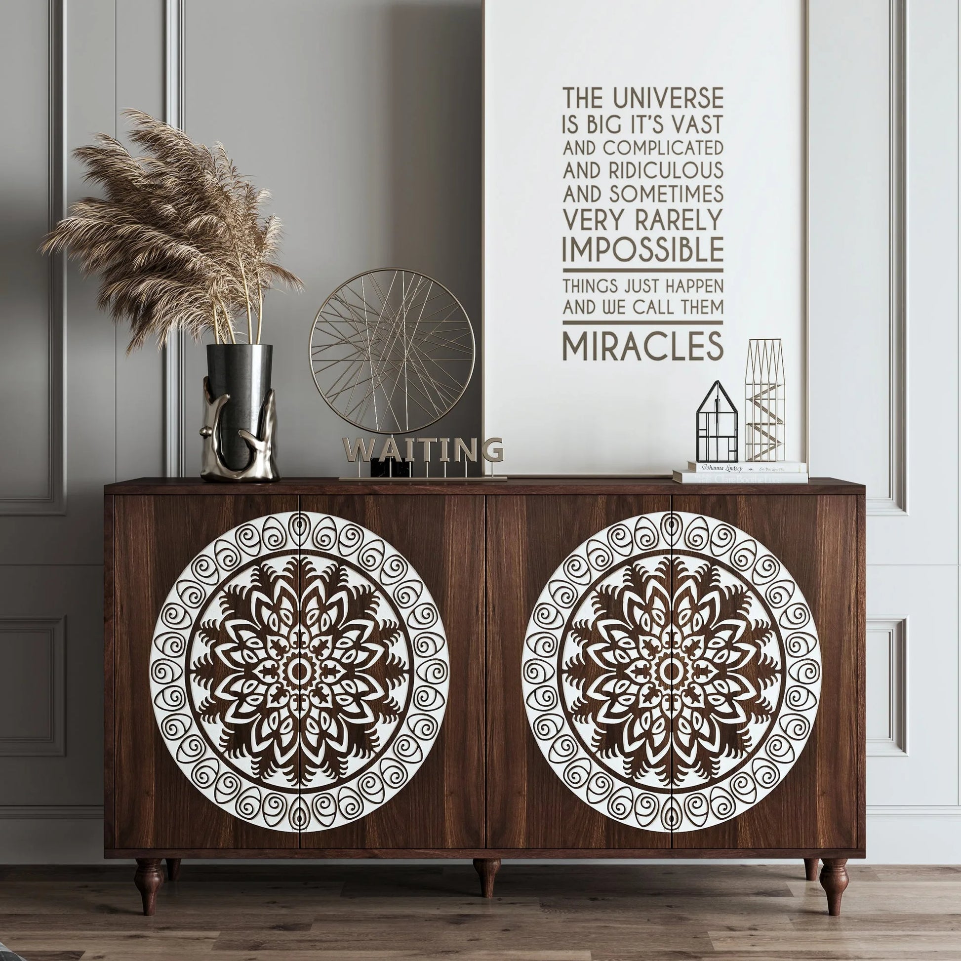 60' Vintage Mandala Carved Walnut Grain Sideboard, 4 Door Boho Buffet Cabinet, Mid-Century Elevated Legs Storage Credenza for Entryway, Dining Room, Living Room detail view 2
