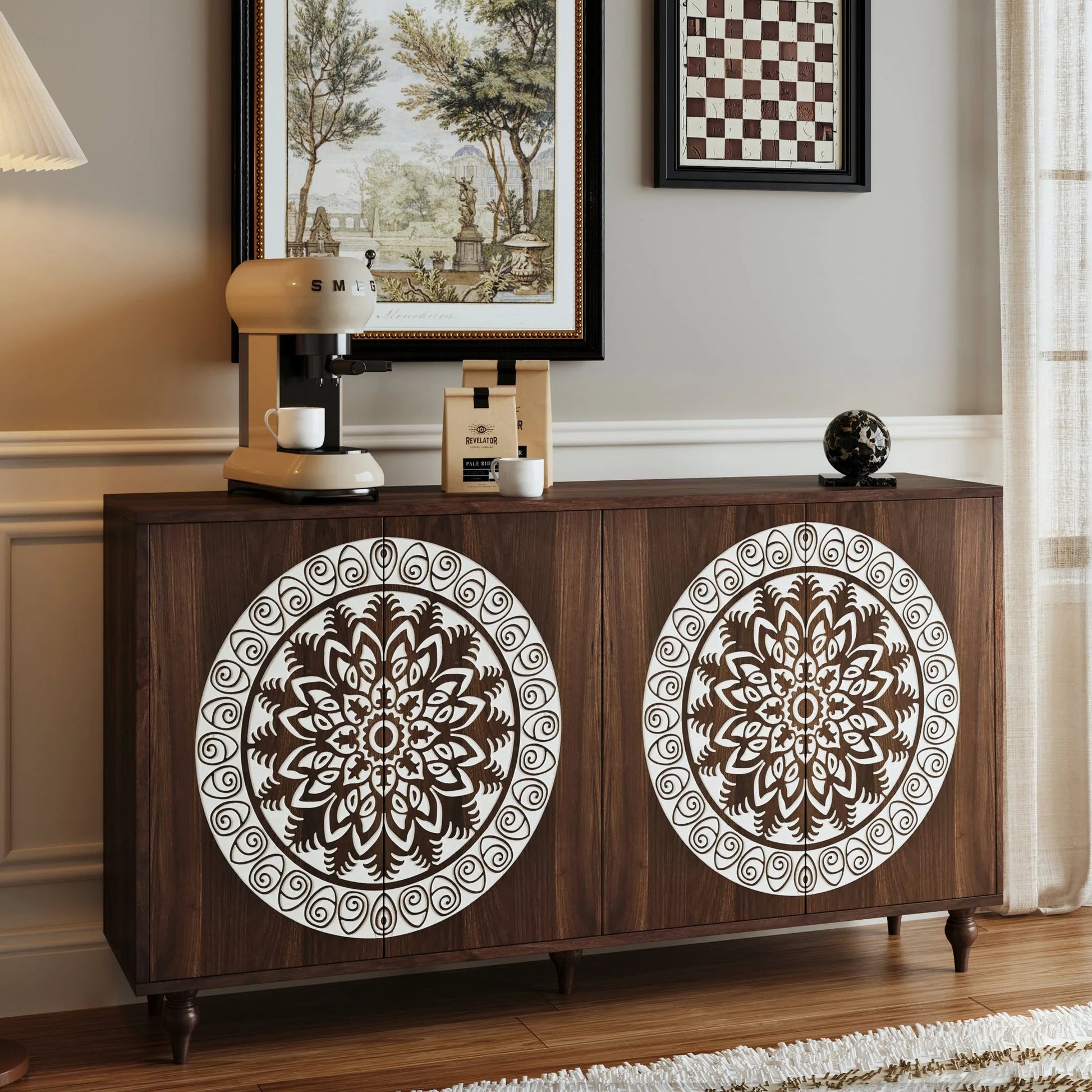 60' Vintage Mandala Carved Walnut Grain Sideboard, 4 Door Boho Buffet Cabinet, Mid-Century Elevated Legs Storage Credenza for Entryway, Dining Room, Living Room detail view 3