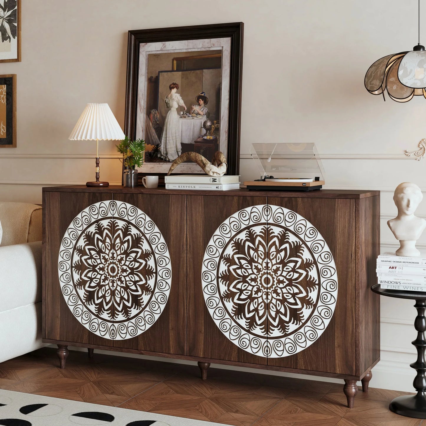 60' Vintage Mandala Carved Walnut Grain Sideboard, 4 Door Boho Buffet Cabinet, Mid-Century Elevated Legs Storage Credenza for Entryway, Dining Room, Living Room detail view 4