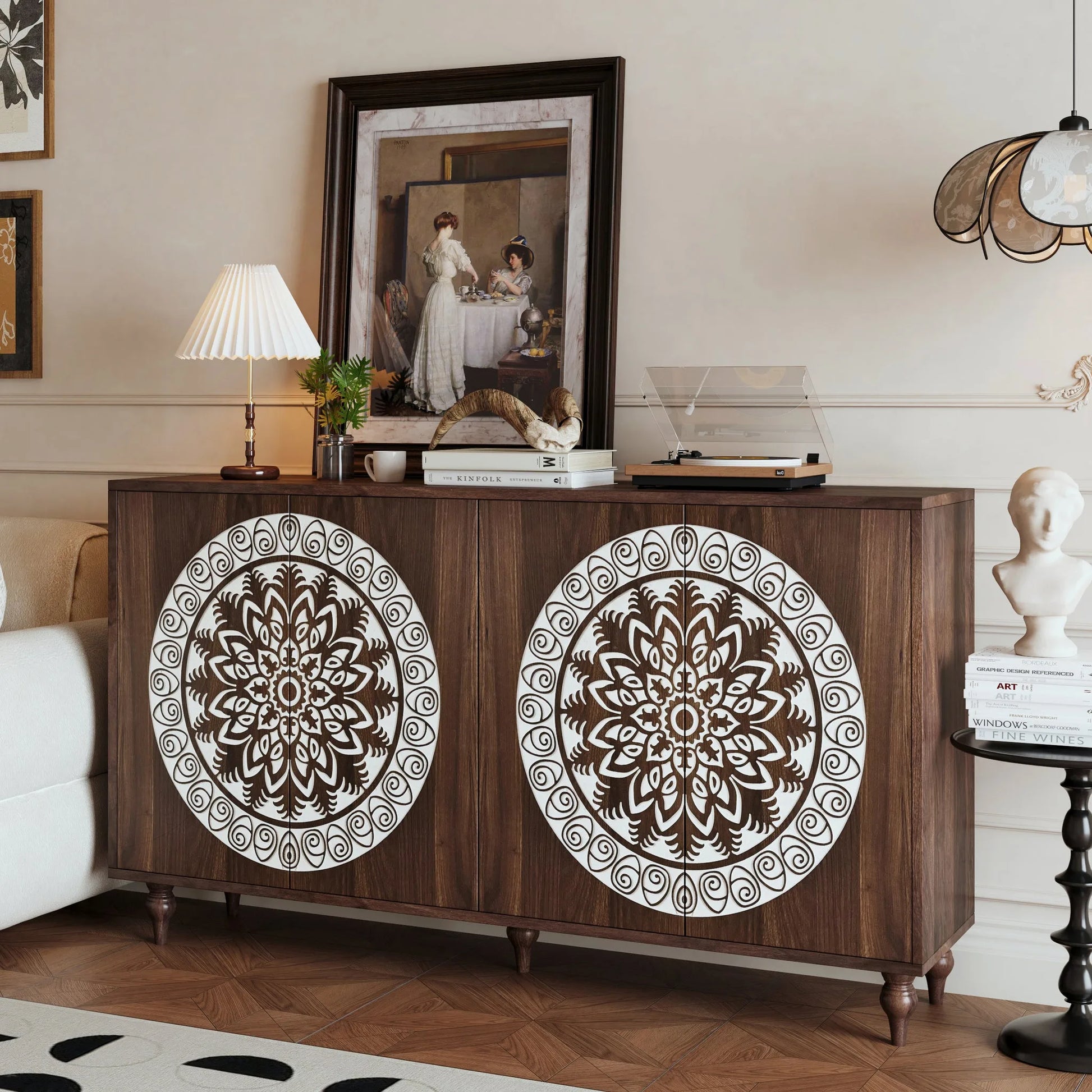 60' Vintage Mandala Carved Walnut Grain Sideboard, 4 Door Boho Buffet Cabinet, Mid-Century Elevated Legs Storage Credenza for Entryway, Dining Room, Living Room detail view 4