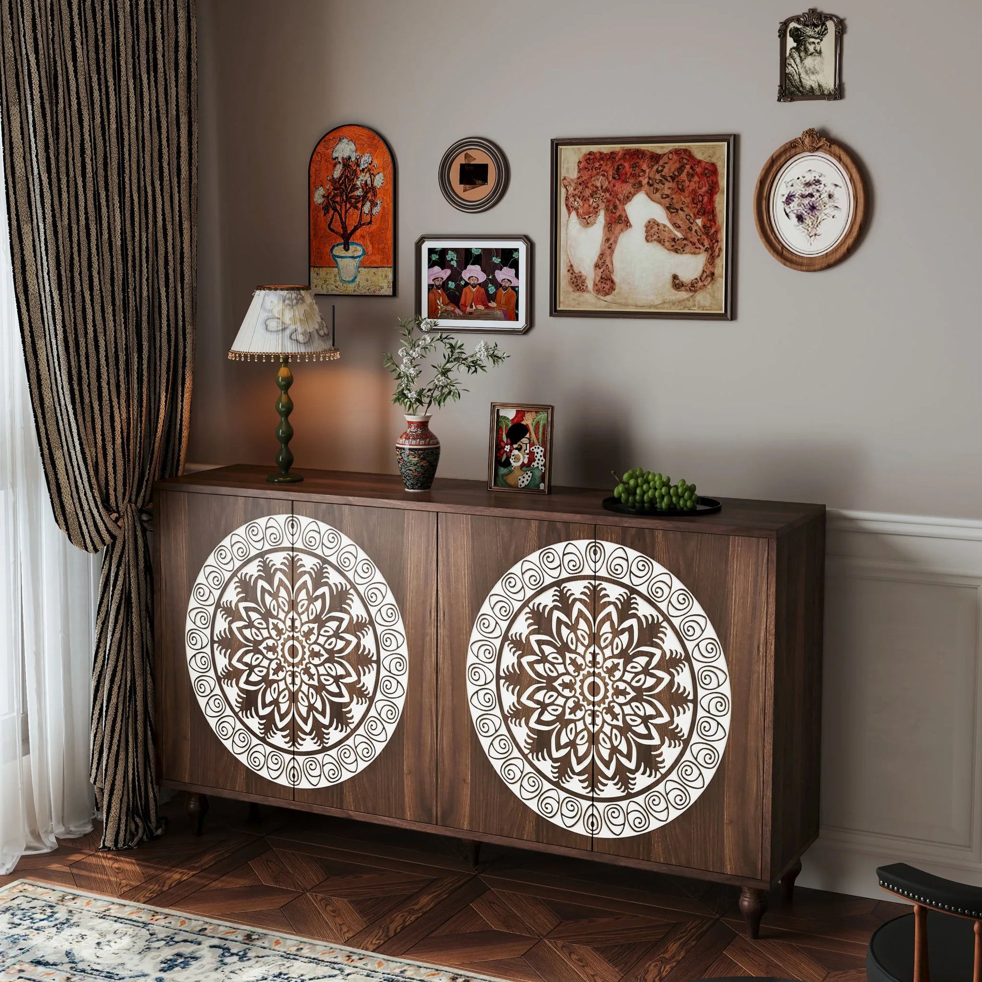 60' Vintage Mandala Carved Walnut Grain Sideboard, 4 Door Boho Buffet Cabinet, Mid-Century Elevated Legs Storage Credenza for Entryway, Dining Room, Living Room detail view 5