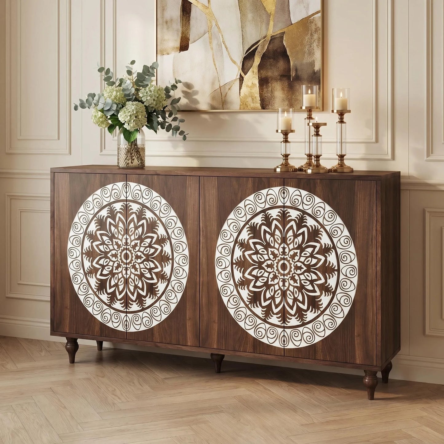60' Vintage Mandala Carved Walnut Grain Sideboard, 4 Door Boho Buffet Cabinet, Mid-Century Elevated Legs Storage Credenza for Entryway, Dining Room, Living Room detail view 6