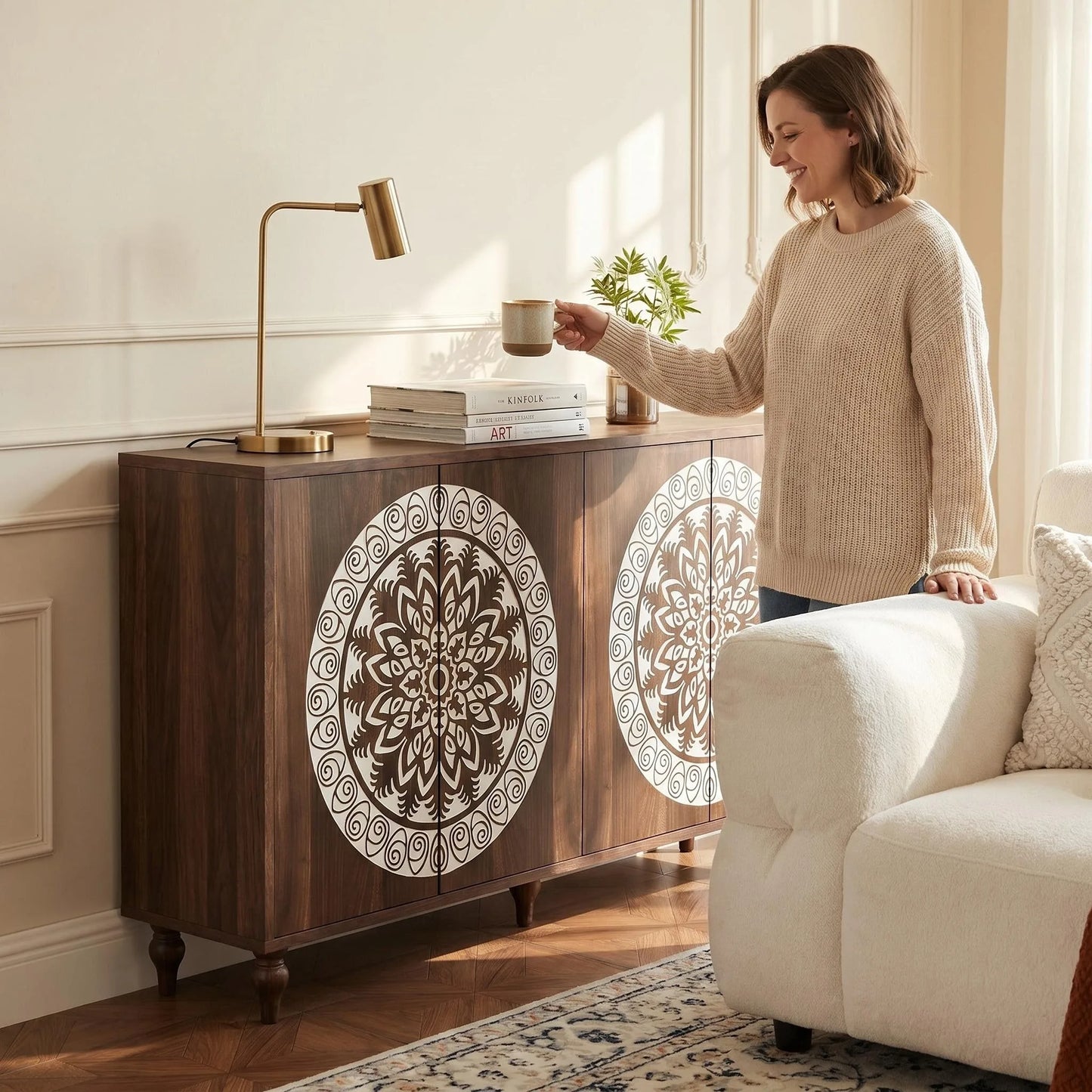 60' Vintage Mandala Carved Walnut Grain Sideboard, 4 Door Boho Buffet Cabinet, Mid-Century Elevated Legs Storage Credenza for Entryway, Dining Room, Living Room detail view 7