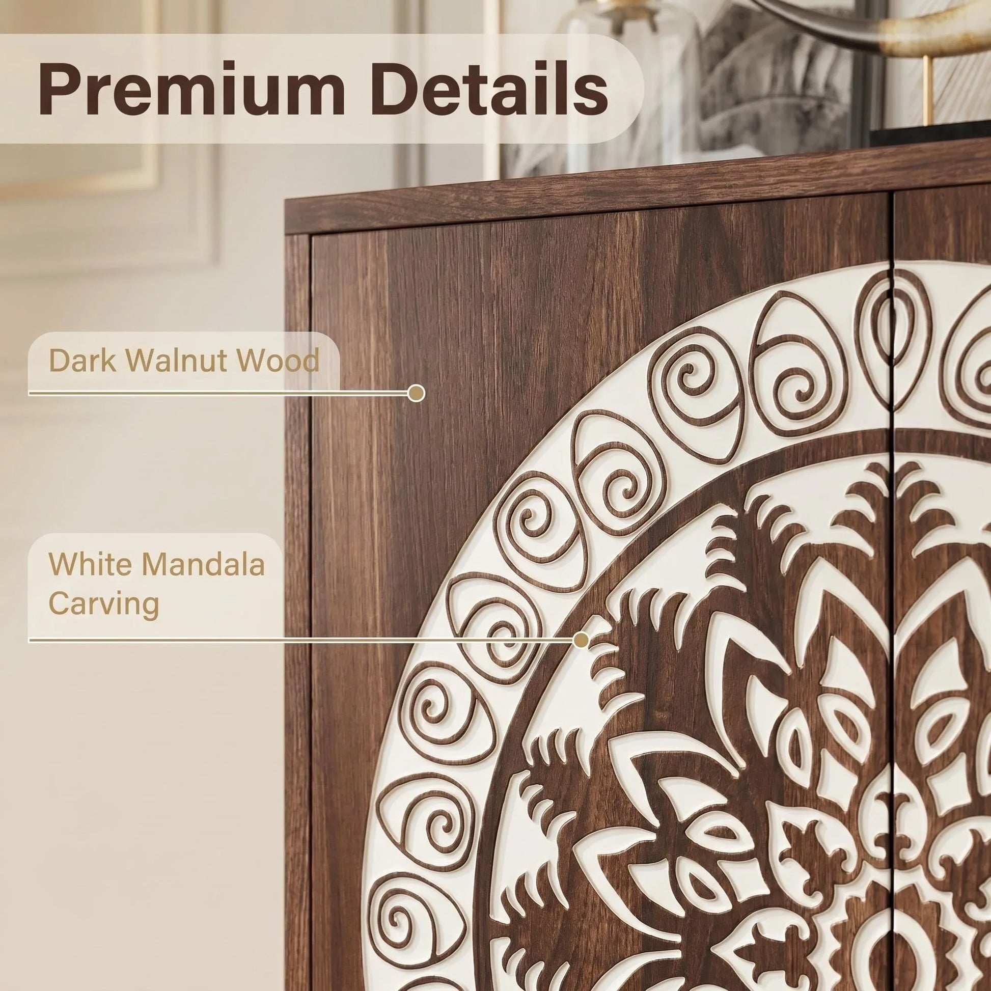 60' Vintage Mandala Carved Walnut Grain Sideboard, 4 Door Boho Buffet Cabinet, Mid-Century Elevated Legs Storage Credenza for Entryway, Dining Room, Living Room detail view 8